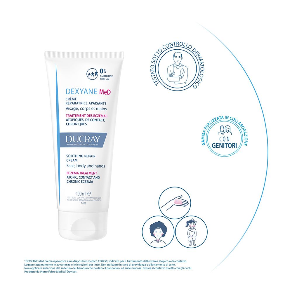Tubo bianco Dexyane MeD, 0% cortisone, per viso, corpo e mani. Con loghi e illustrazioni.
