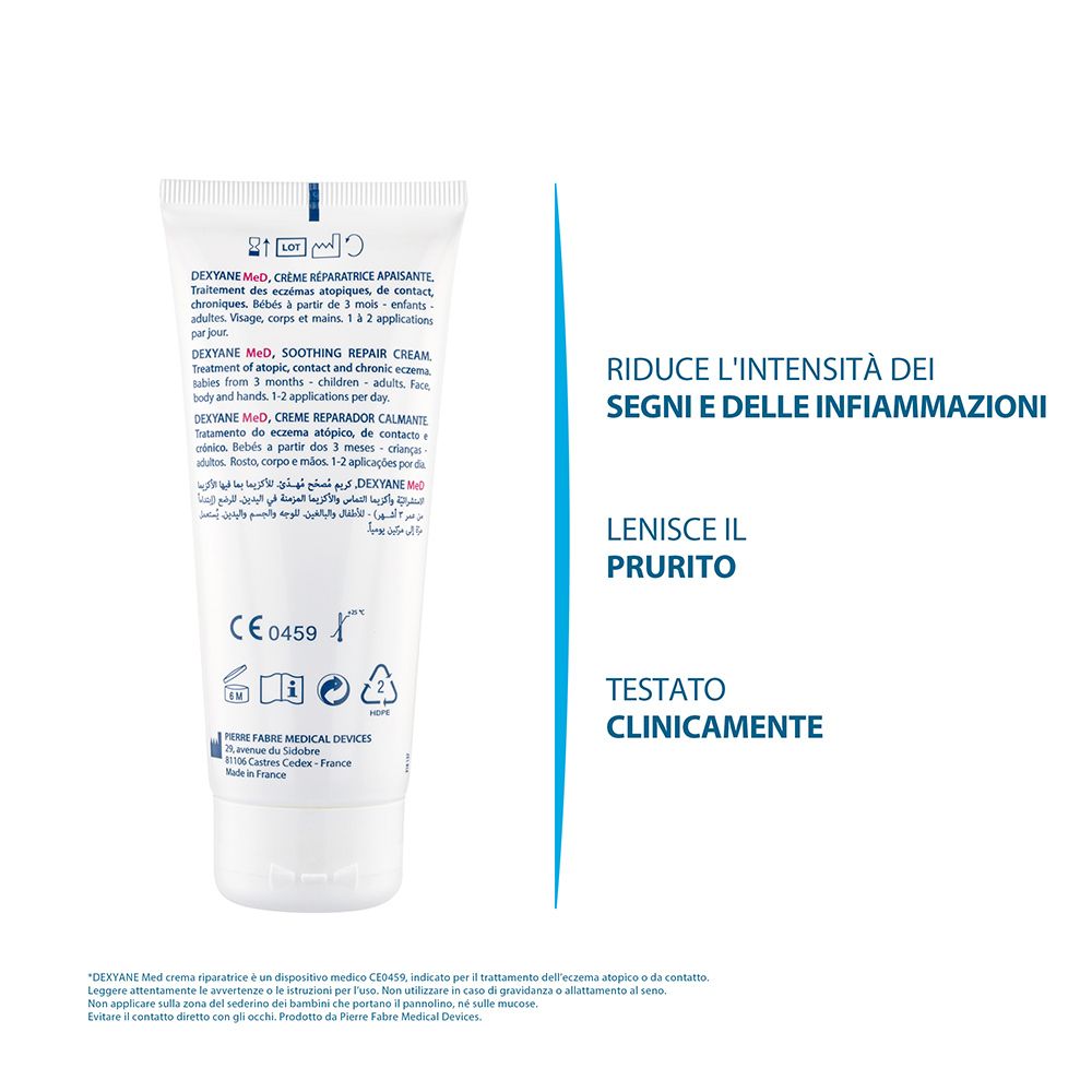 Retro di un tubo bianco Dexyane MeD. Testo multilingue, marchio CE e altri simboli.
