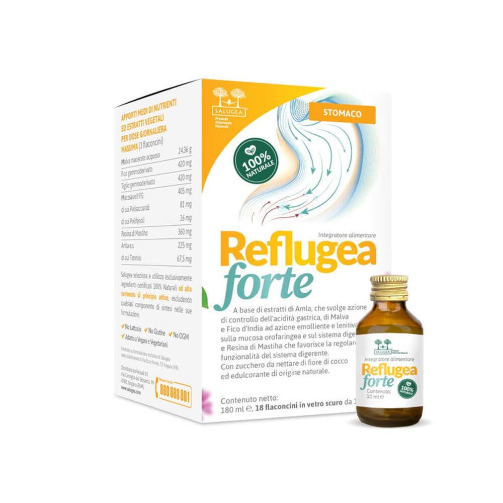 Scatola e flaconcino. Scritta: Reflugea forte. 100% naturale. Flaconcino con liquido marrone.