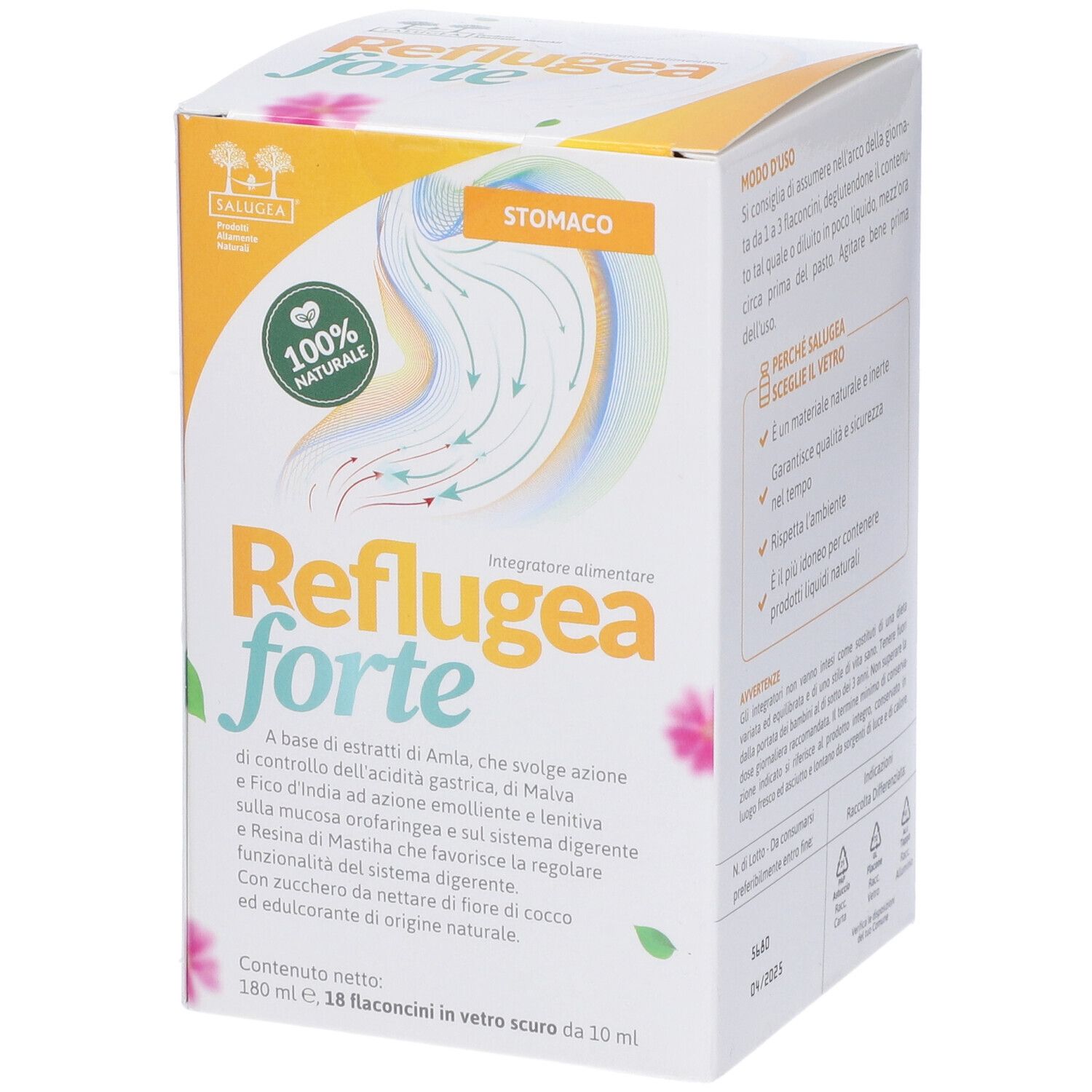 Confezione del prodotto. Scritta: Reflugea forte. 100% naturale. Contiene: Amla, malva, fico, resina di mastice. 18 flaconcini.
