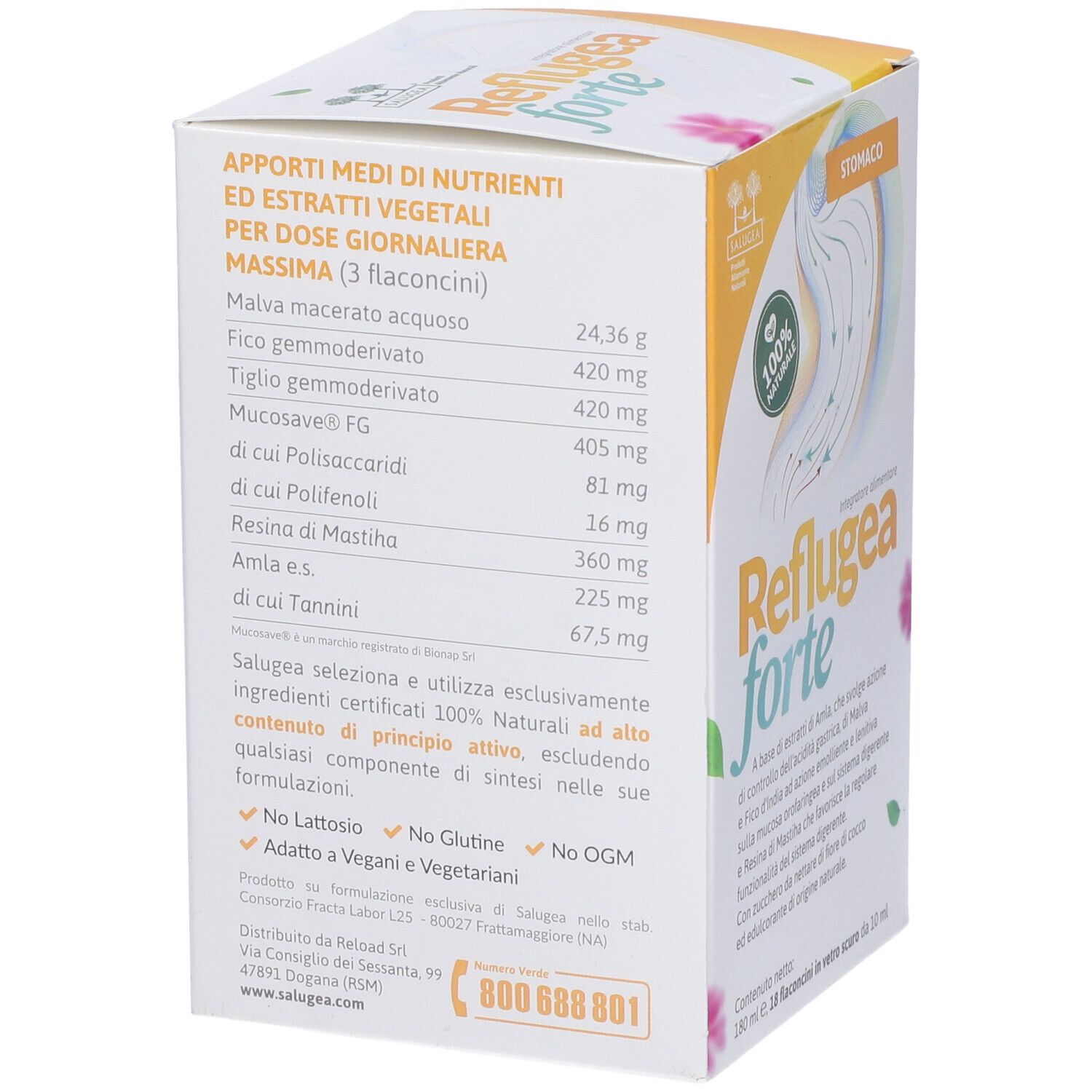 Confezione del prodotto. Scritta: Reflugea forte. Informazioni nutrizionali. Contiene: Malva, fico, Tilia, Mucosave, Polisaccaridi.
