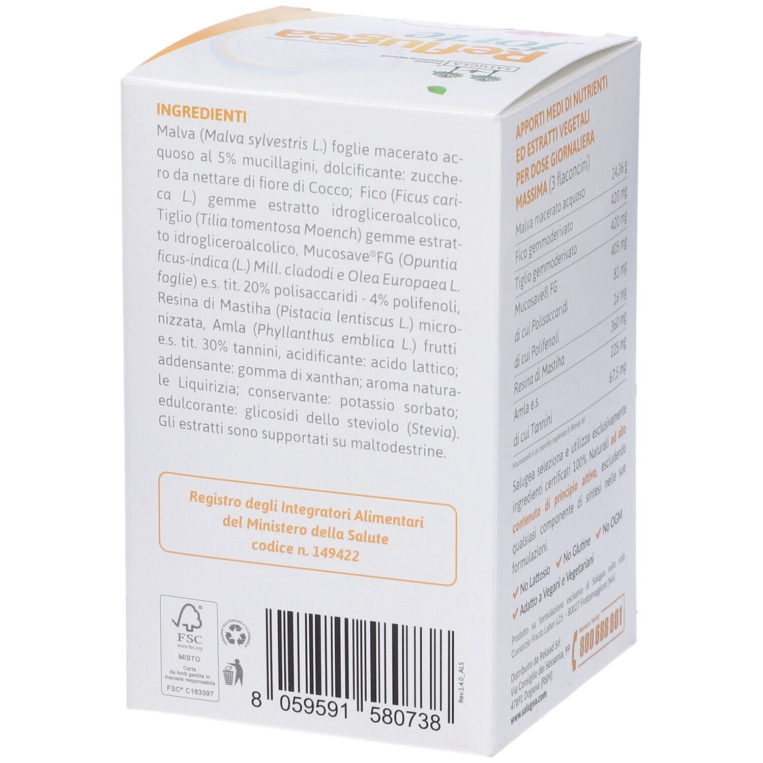 Retro della confezione del prodotto. Scritta: Reflugea forte. Ingredienti, modo d'uso, avvertenze.