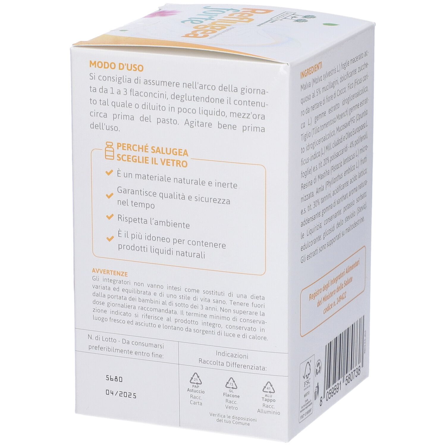 Confezione del prodotto. Scritta: Reflugea forte. 100% naturale. Contiene: Amla, malva, fico, resina di mastice. 18 flaconcini.
