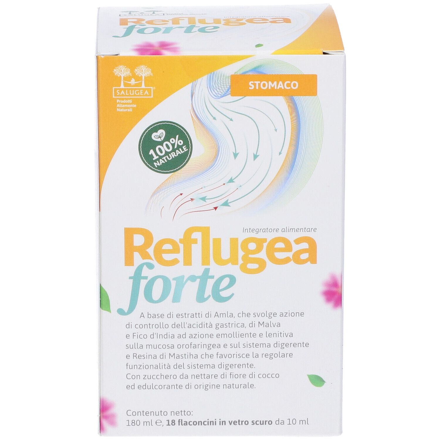 Confezione del prodotto. Scritta: Reflugea forte. 100% naturale. Contiene: Amla, malva, fico, resina di mastice. 18 flaconcini.