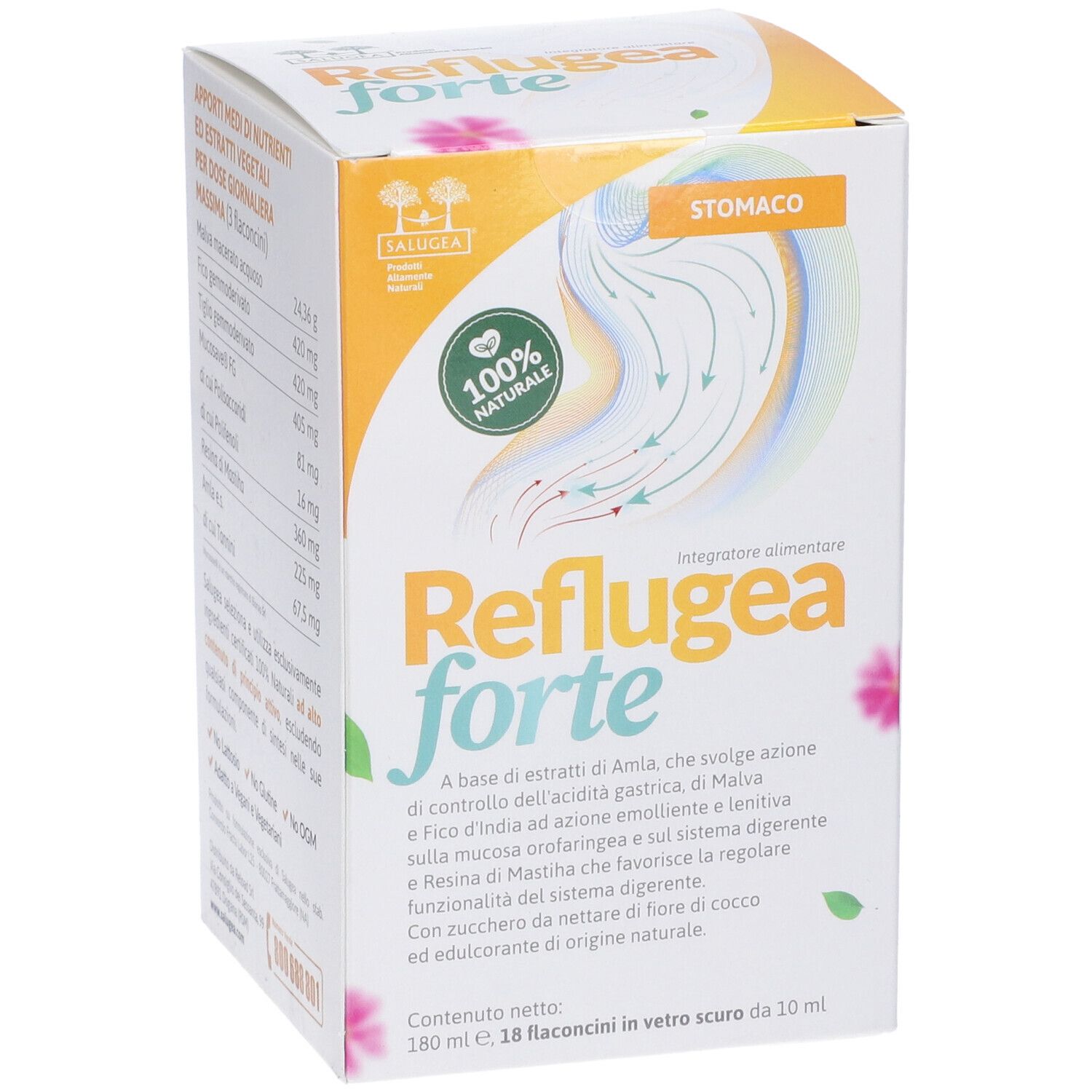 Confezione del prodotto. Scritta: Reflugea forte. 100% naturale. Contiene: Amla, malva, fico, resina di mastice. 18 flaconcini.