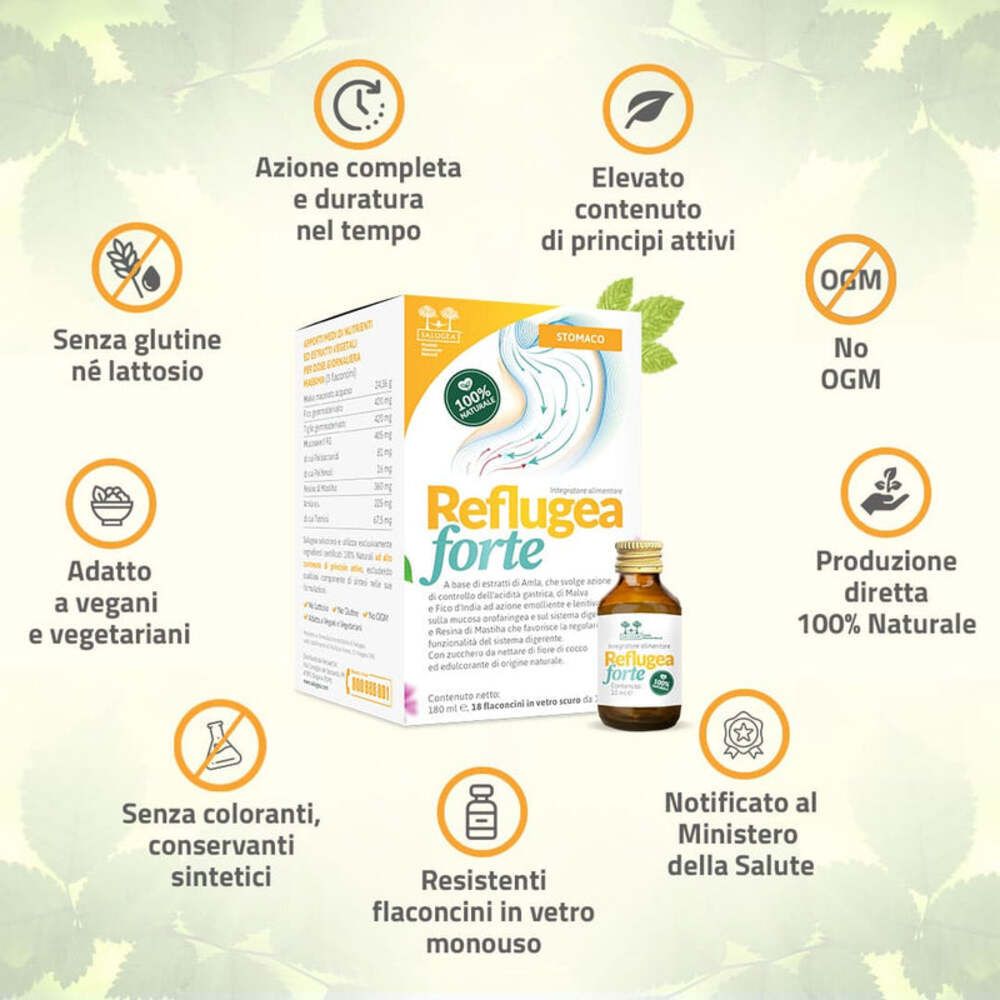 Confezione del prodotto con testo. Scritta: Reflugea forte. Vantaggi: Senza glutine, vegano, senza coloranti, flaconcini, 100% naturale.