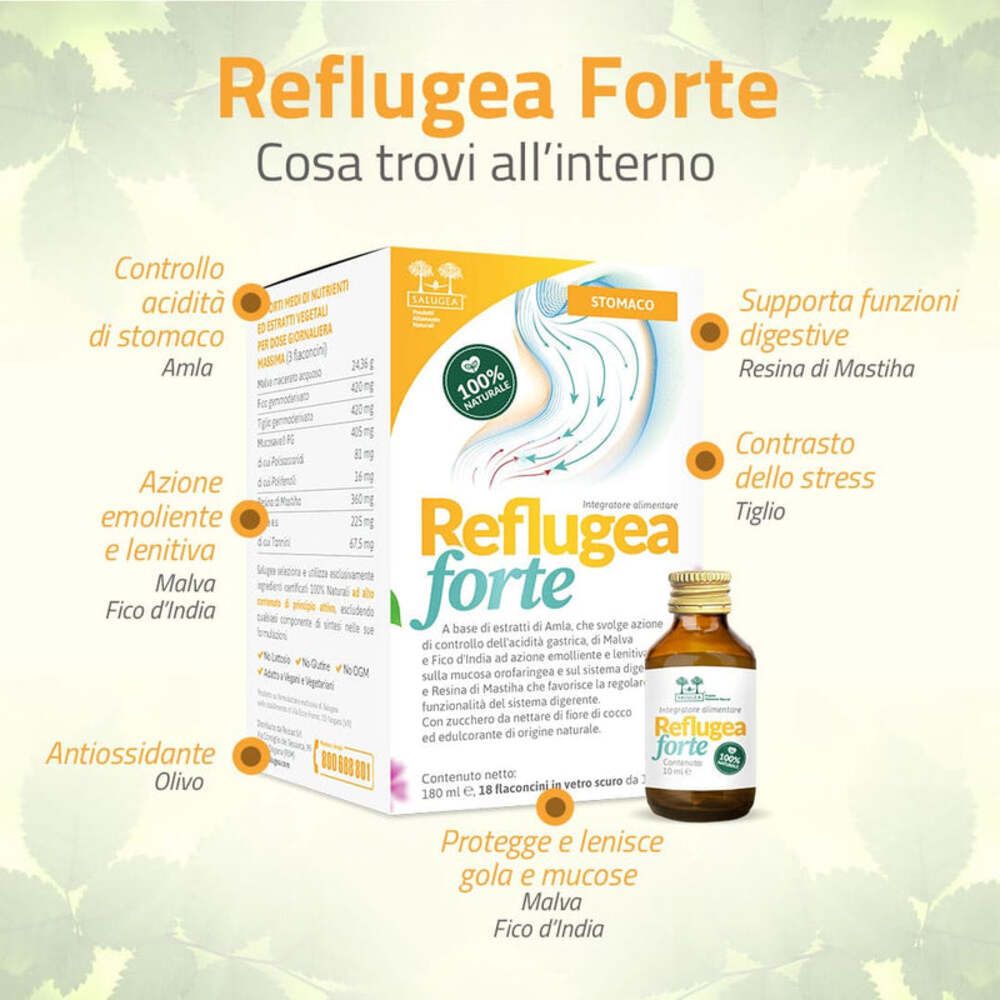 Confezione del prodotto con testo. Scritta: Reflugea forte. Contiene: Amla, malva, fico, oliva, resina di mastice. Supporta digestione.