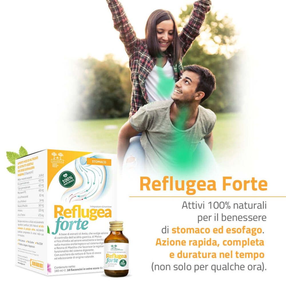 Uomo porta donna sulla schiena. Confezione e flaconcino. Scritta: Reflugea forte. Ingredienti attivi 100% naturali.
