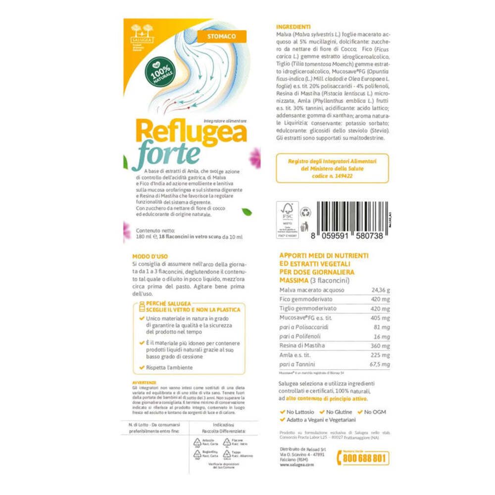Retro della confezione del prodotto. Scritta: Reflugea forte. Ingredienti e informazioni nutrizionali. Modo d'uso.