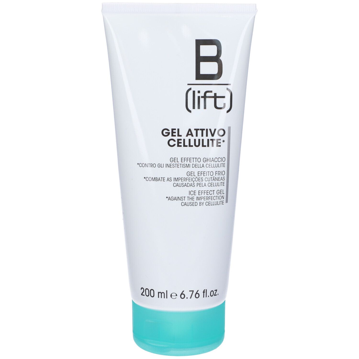 Tubo bianco-turchese con scritta nera B (lift) e nome prodotto Gel Attivo Cellulite. 200 ml.