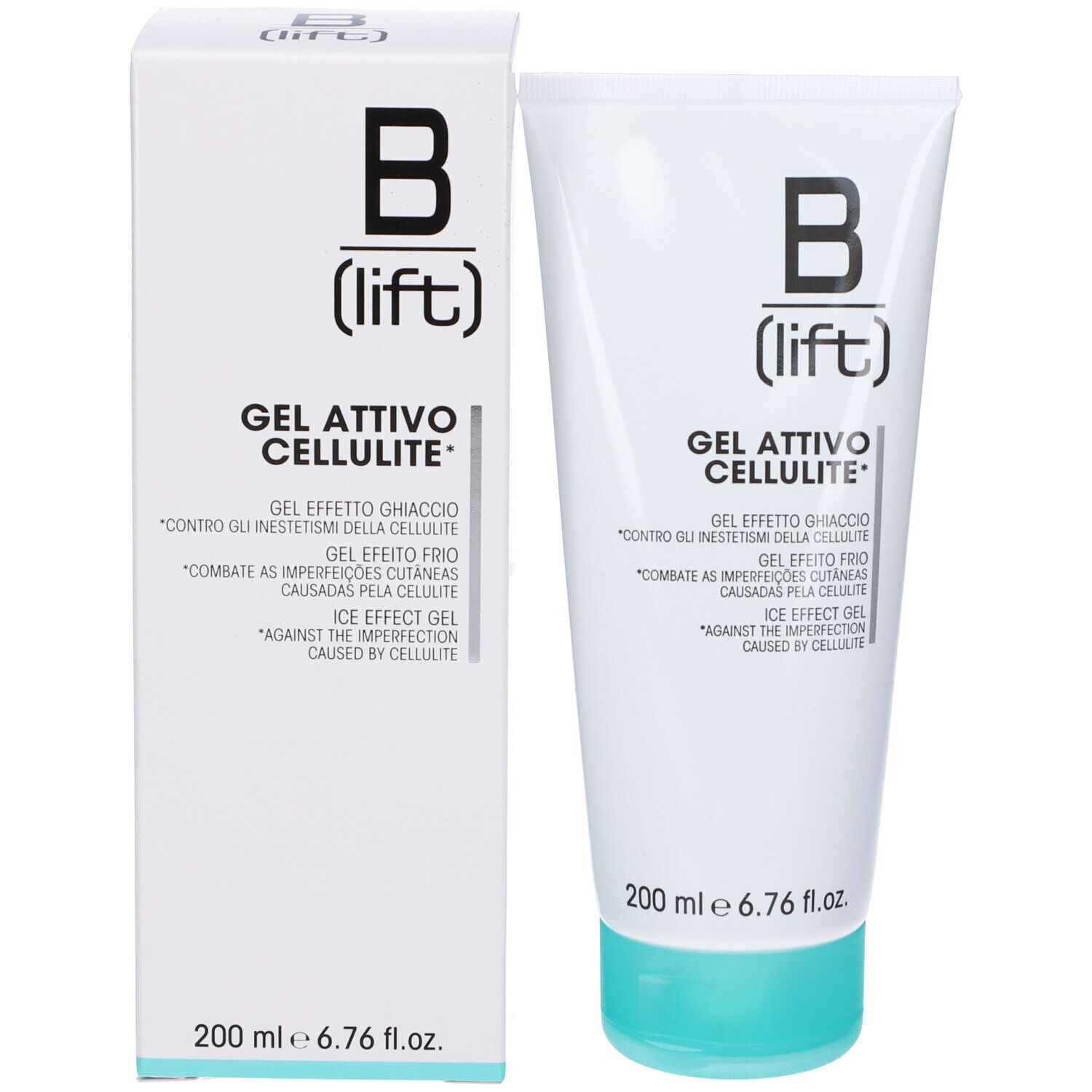 Confezione prodotto con tubo e scatola. Entrambi mostrano B (lift) Gel Attivo Cellulite. 200 ml. Bianco e turchese.