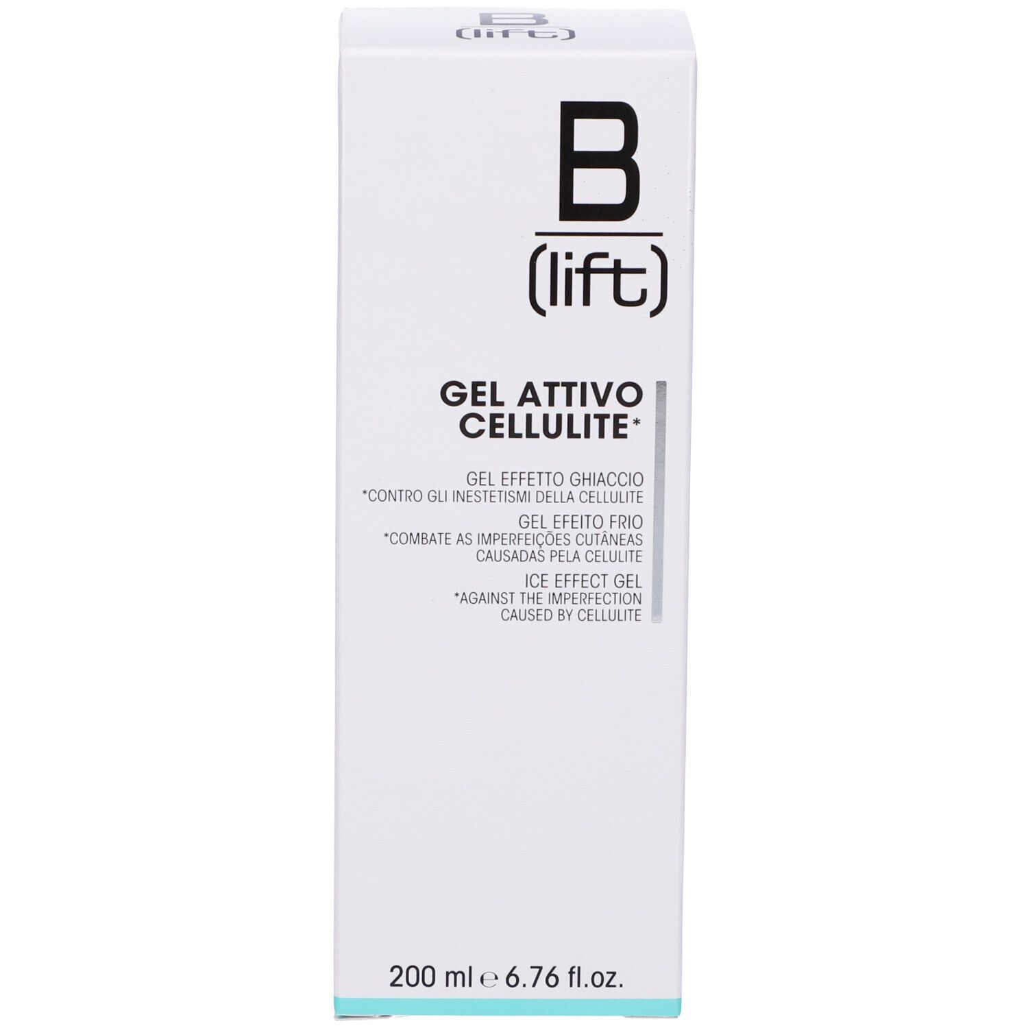 Scatola bianca con scritta nera B (lift) e nome prodotto Gel Attivo Cellulite. 200 ml.