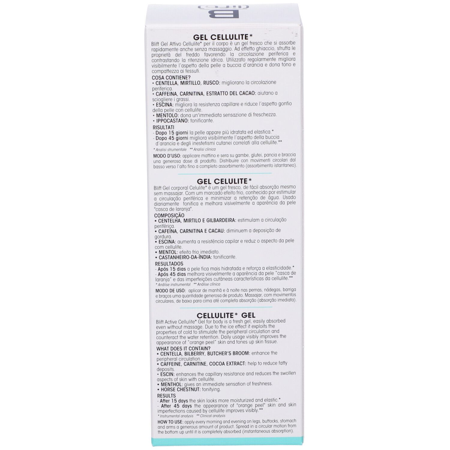 Lato della scatola con descrizione del prodotto e istruzioni per l'uso. Bianco con testo nero.