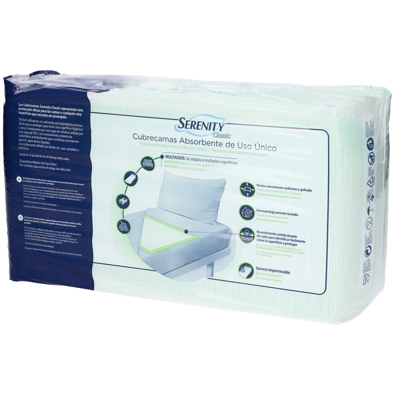 Verpackung mit 30 Serenity Classic Einweg-Schutzunterlagen, 60x60cm.