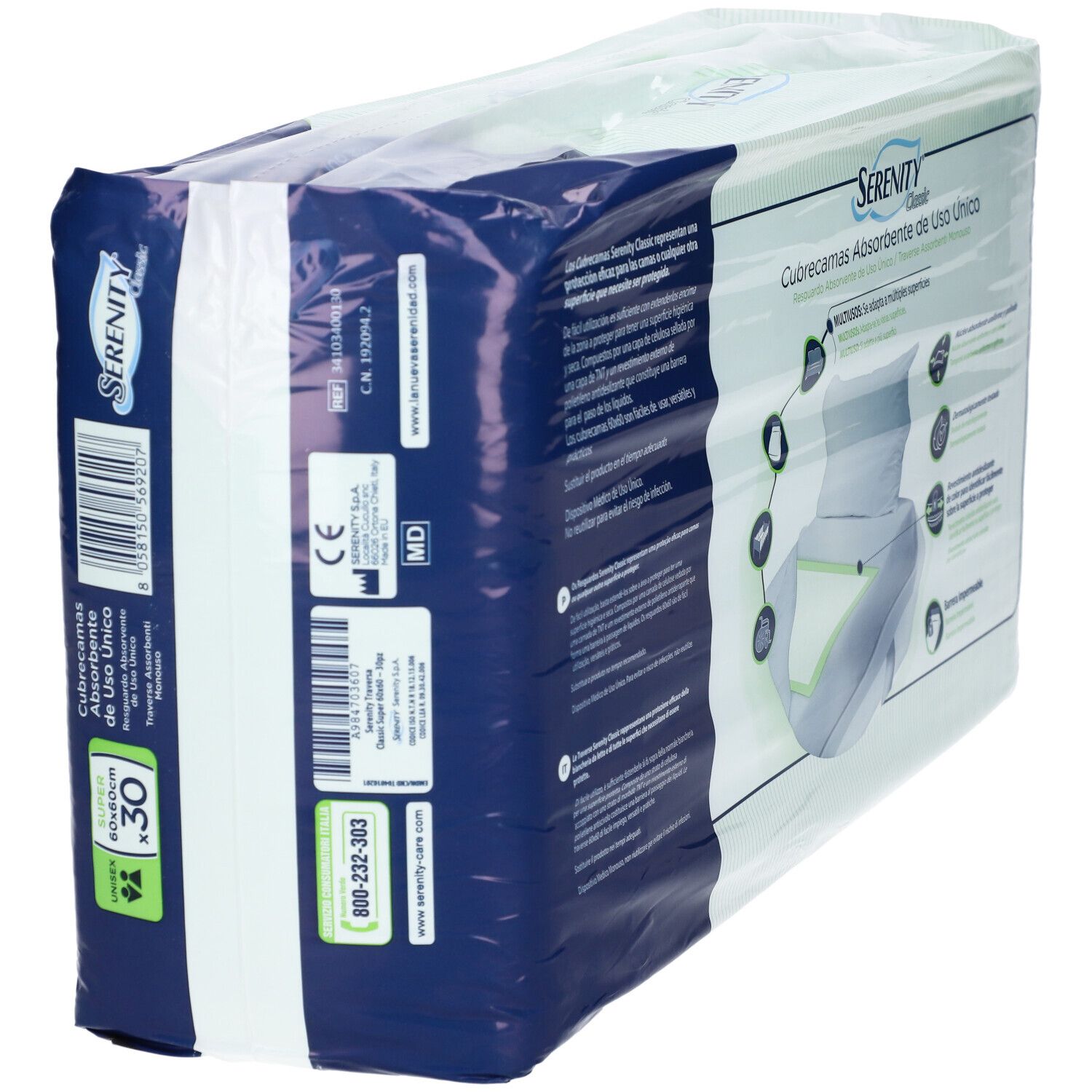Verpackung mit 30 Serenity Classic Einweg-Schutzunterlagen, 60x60cm.