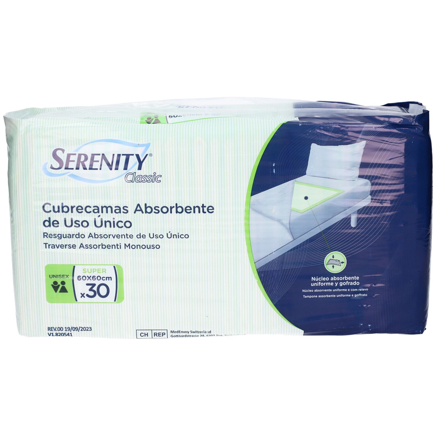 Verpackung mit 30 Serenity Classic Einweg-Schutzunterlagen, 60x60cm.