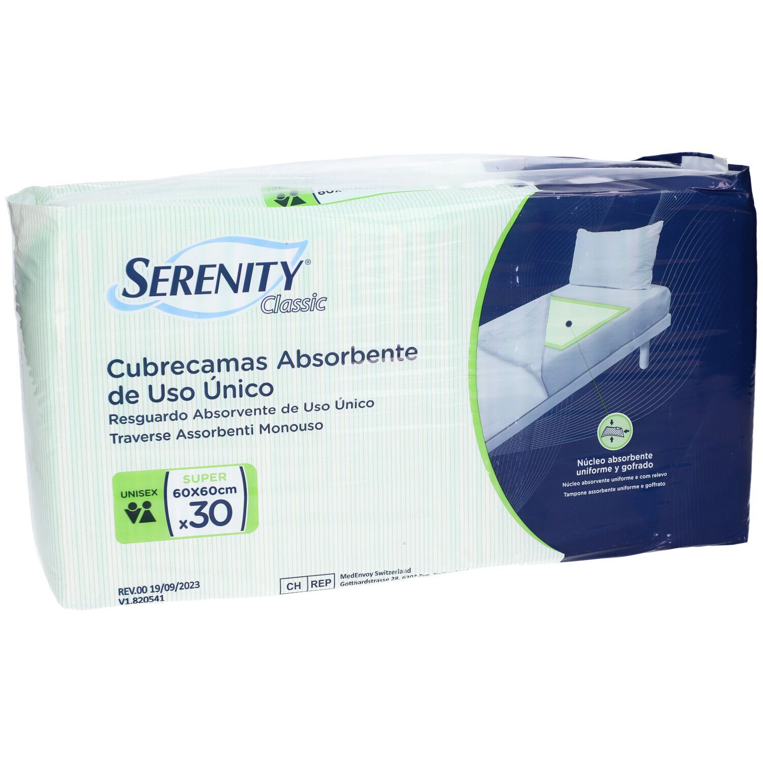 Verpackung mit 30 Serenity Classic Einweg-Schutzunterlagen, 60x60cm.