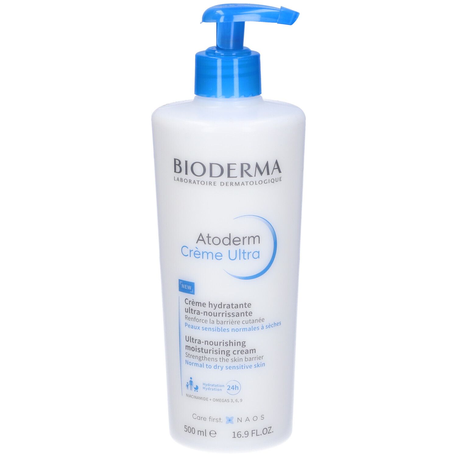 Flacone bianco con dosatore blu. Scritta: BIODERMA, Atoderm Crème Ultra. Crema idratante ultra-nutriente per pelli secche.