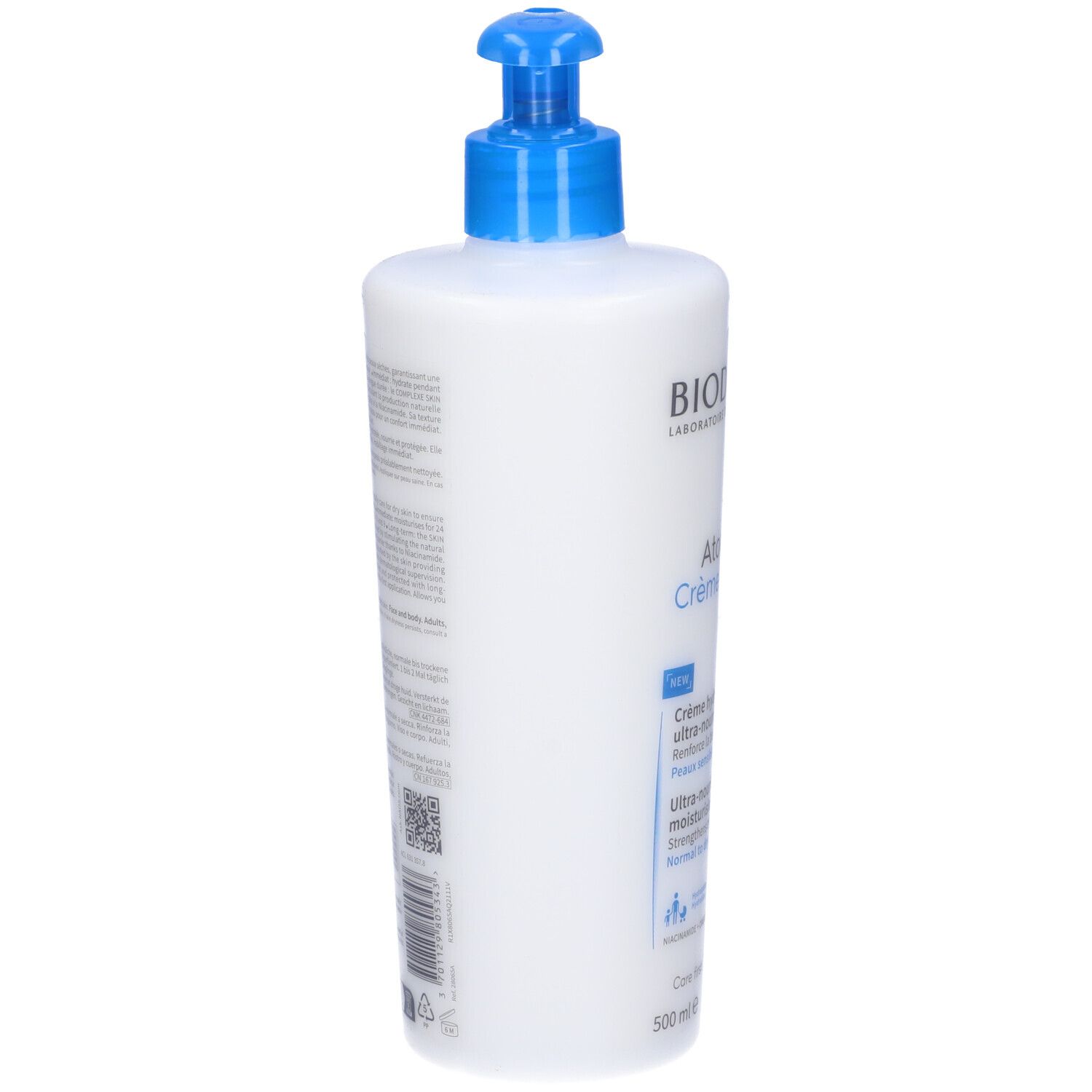 Flacone bianco con dosatore blu. Retro con testo. Scritta: BIODERMA, Atoderm Crème Ultra. 500 ml.