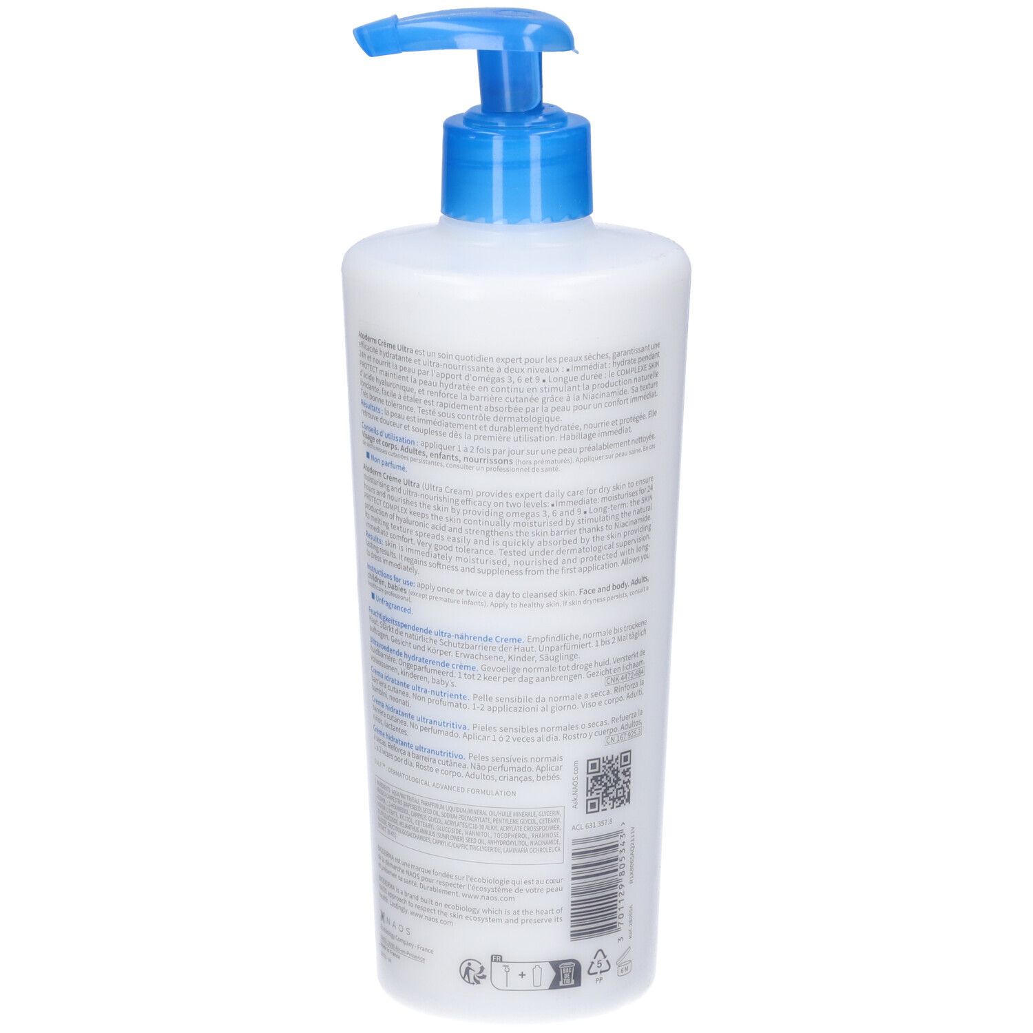 Vista posteriore di un flacone bianco con dosatore blu. Testo sul retro. Scritta: BIODERMA, Atoderm Crème Ultra.