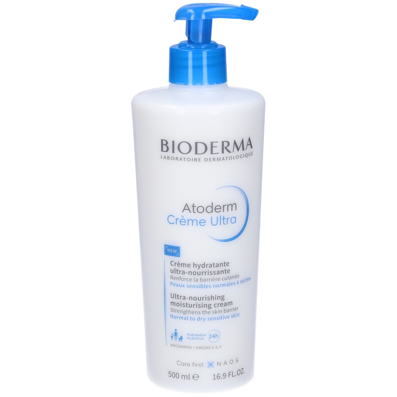 Flacone bianco con dosatore blu. Scritta: BIODERMA, Atoderm Crème Ultra. Crema idratante ultra-nutriente per pelli secche.