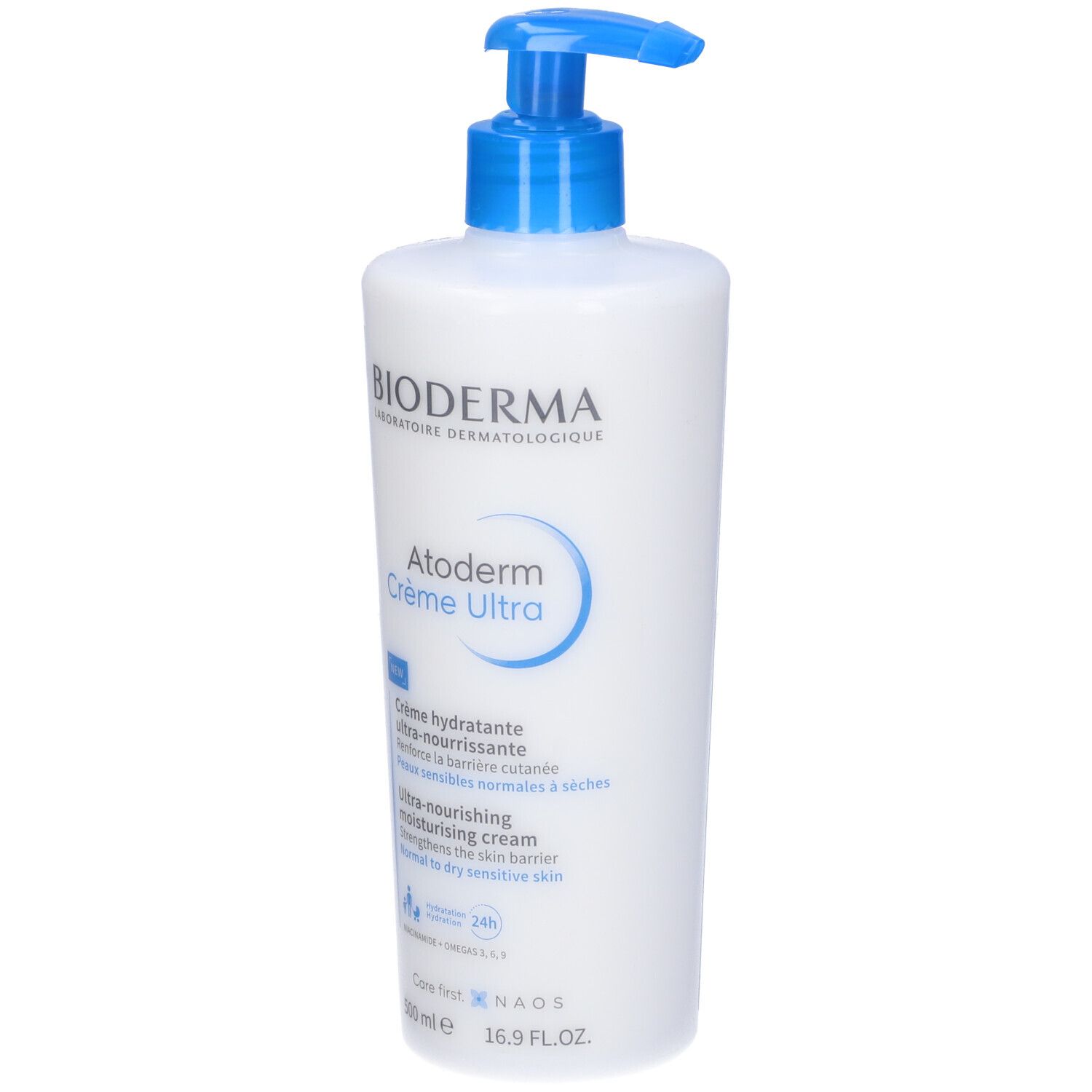 Flacone bianco con dosatore blu. Scritta: BIODERMA, Atoderm Crème Ultra. 500 ml. 16.9 fl. oz.