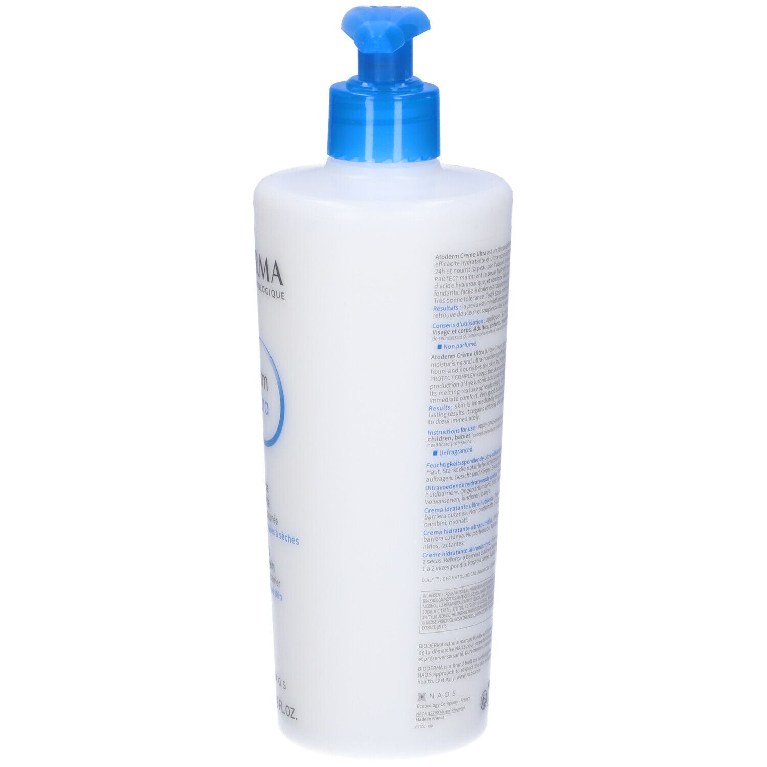 Vista posteriore di un flacone bianco con dosatore blu. Testo sul retro. Scritta: BIODERMA, Atoderm Crème Ultra.