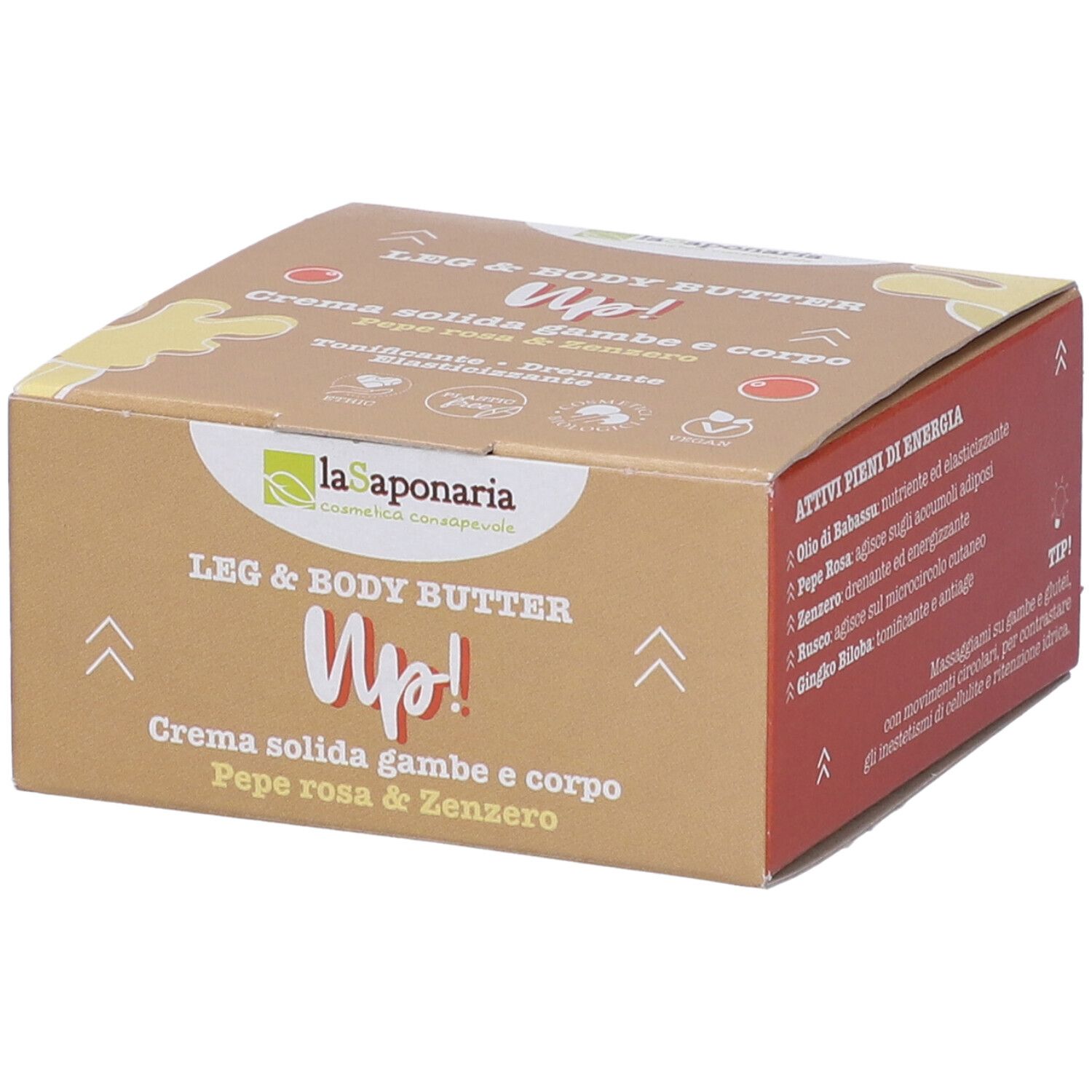 Scatola di cartone con testo. Scritto: Leg & Body Butter Up! Crema Solida Gambe e Corpo. Marchio: La Saponaria.