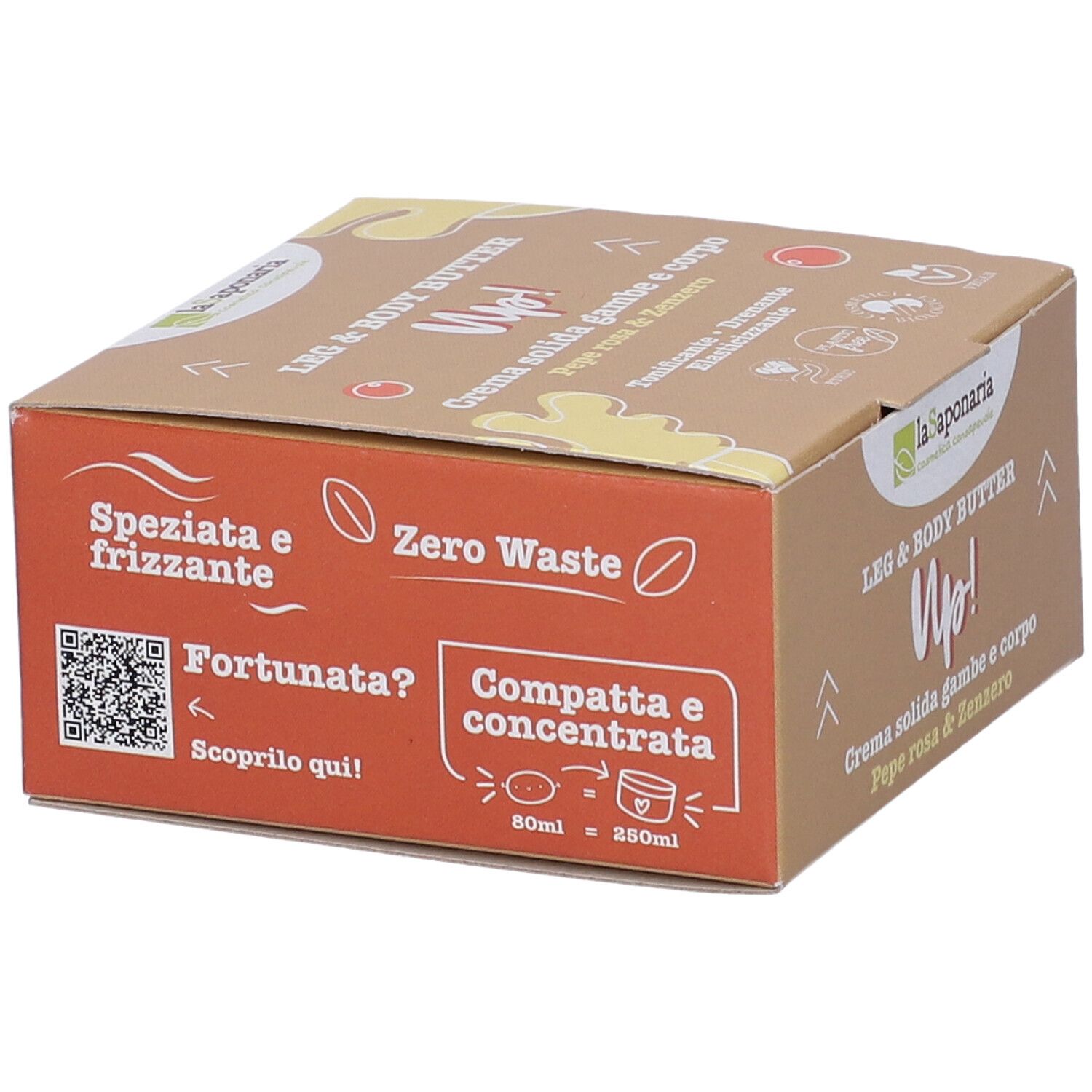 Scatola con testo. Scritto: Zero Waste, Compatta e concentrata. Codice QR. Marchio: La Saponaria. Prodotto: Leg & Body Butter Up!