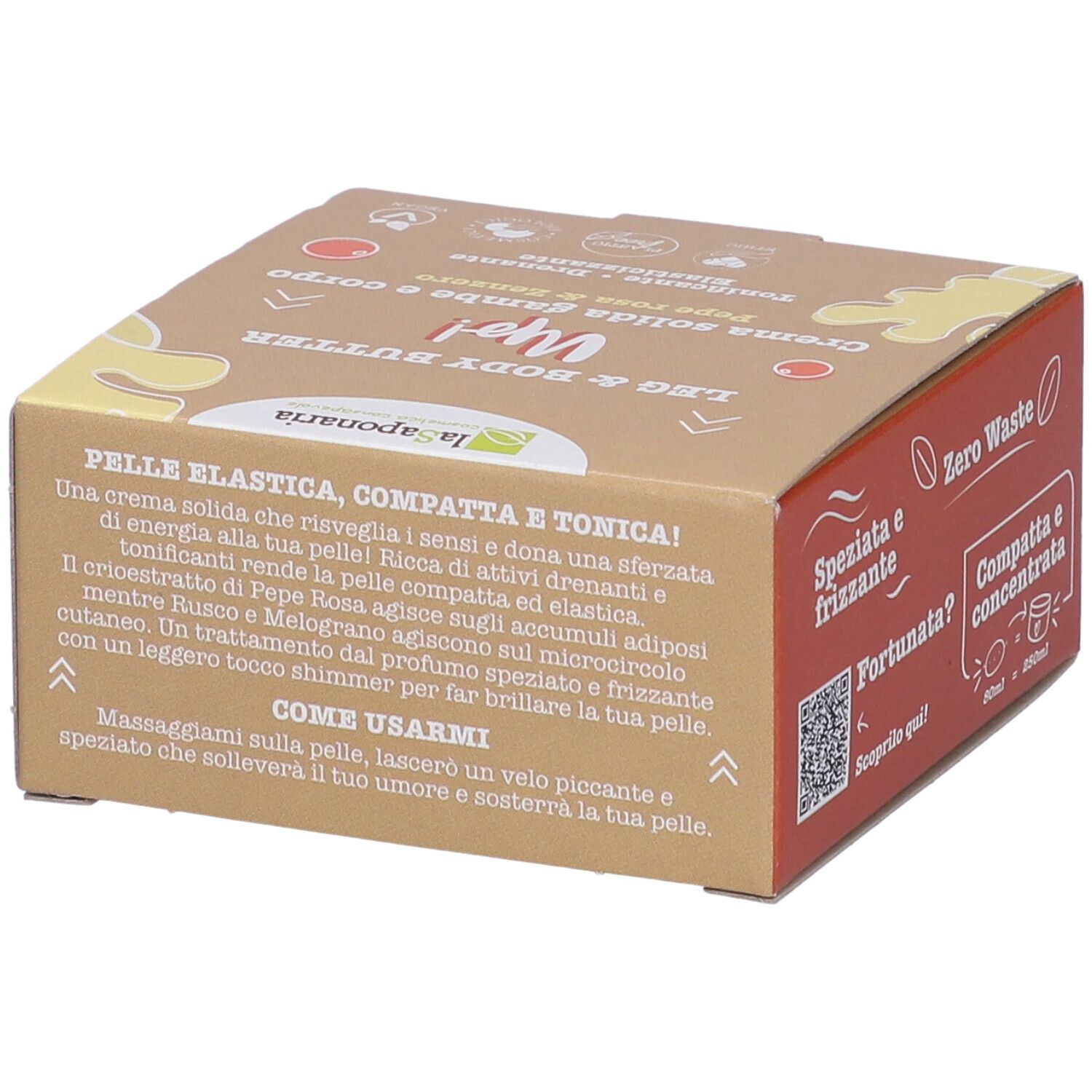 Scatola con testo. Scritto: Pelle Elastica, Compatta e Tonica! Marchio: La Saponaria. Prodotto: Leg & Body Butter Up! Crema Solida Gambe e Corpo.