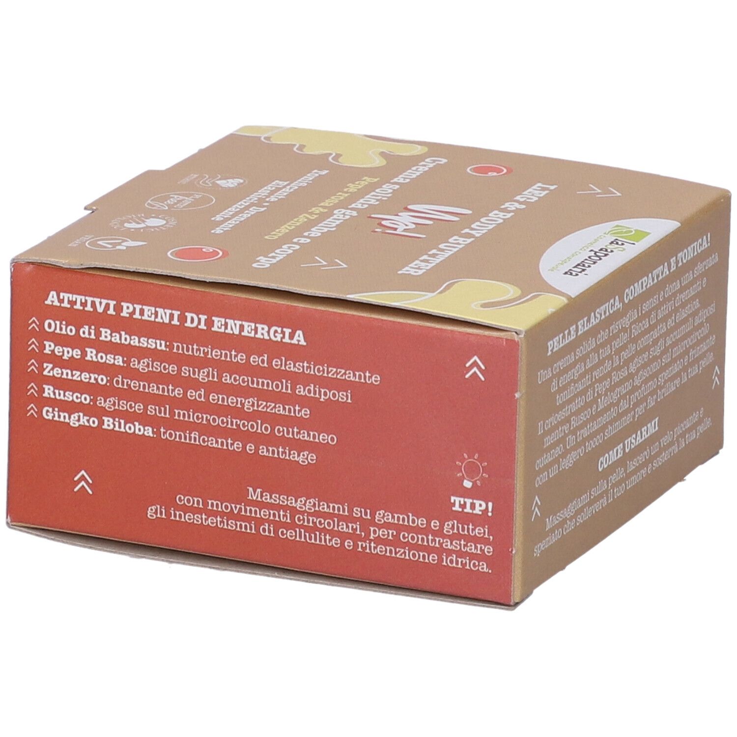 Scatola con testo. Scritto: Attivi Pieni di Energia. Marchio: La Saponaria. Prodotto: Leg & Body Butter Up! Crema Solida Gambe e Corpo.