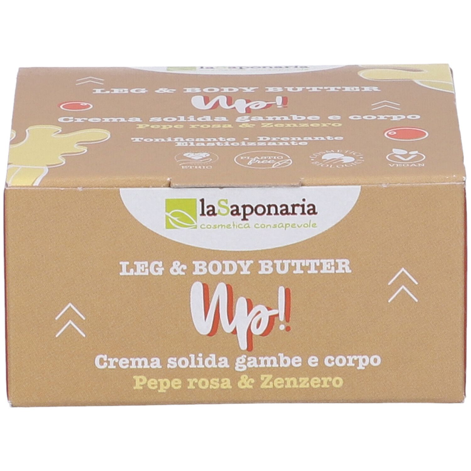 Scatola con testo. Scritto: Leg & Body Butter Up! Crema Solida Gambe e Corpo. Marchio: La Saponaria.