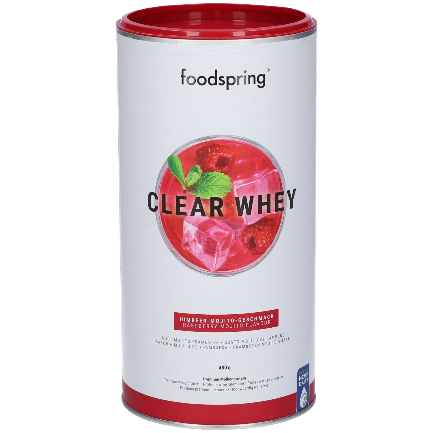 Barattolo bianco e rosso con logo "foodspring" e "CLEAR WHEY". Immagine di lamponi e cubetti di ghiaccio. 480g.