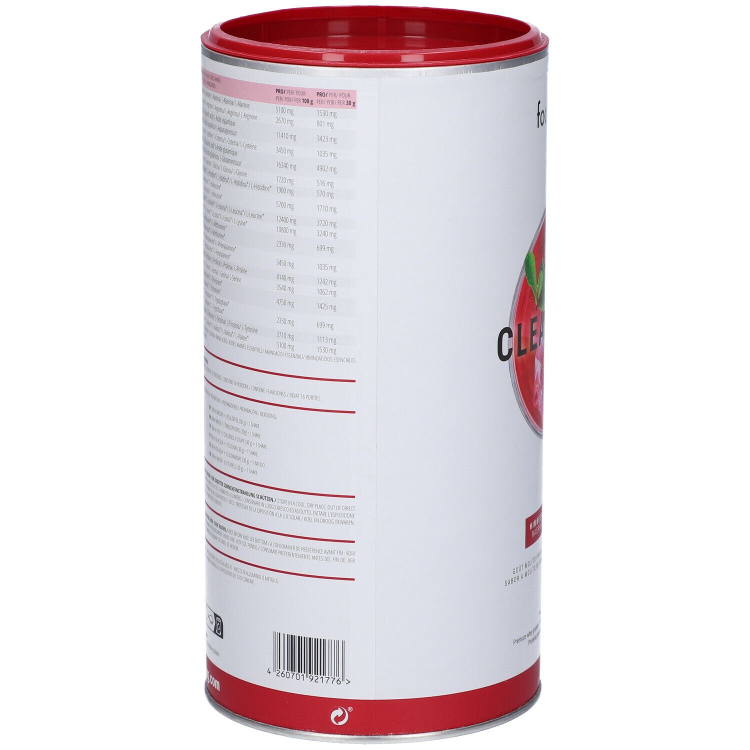 Barattolo bianco e rosso con informazioni nutrizionali. Codice a barre e testo. Coperchio rosso. Logo "foodspring".