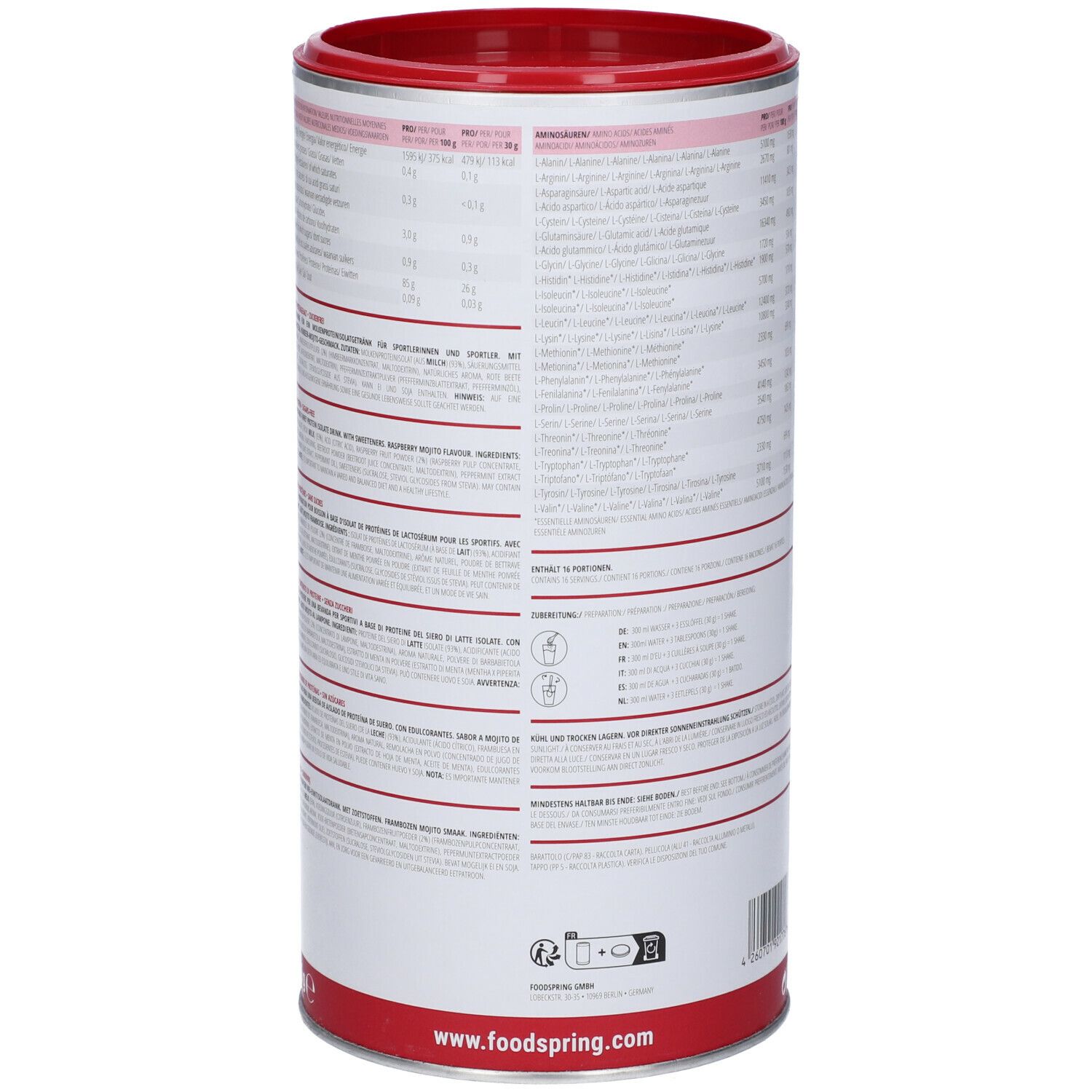 Barattolo bianco e rosso con testo e informazioni nutrizionali. Coperchio rosso. Logo "foodspring". Testo multilingue.
