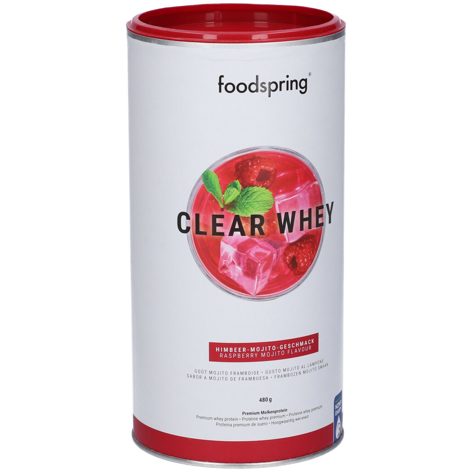 Barattolo bianco e rosso con logo "foodspring" e "CLEAR WHEY". Immagine di lamponi e cubetti di ghiaccio. 480g.