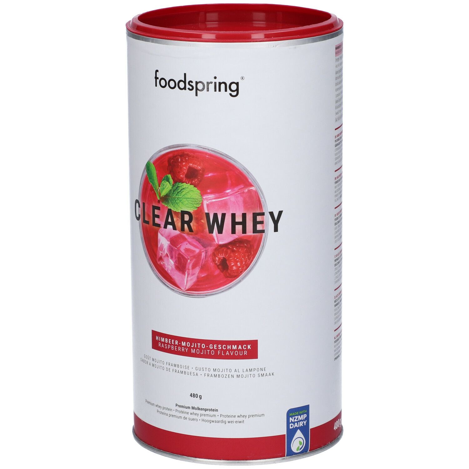 Barattolo bianco e rosso con logo "foodspring" e "CLEAR WHEY". Immagine di lamponi e cubetti di ghiaccio. 480g.