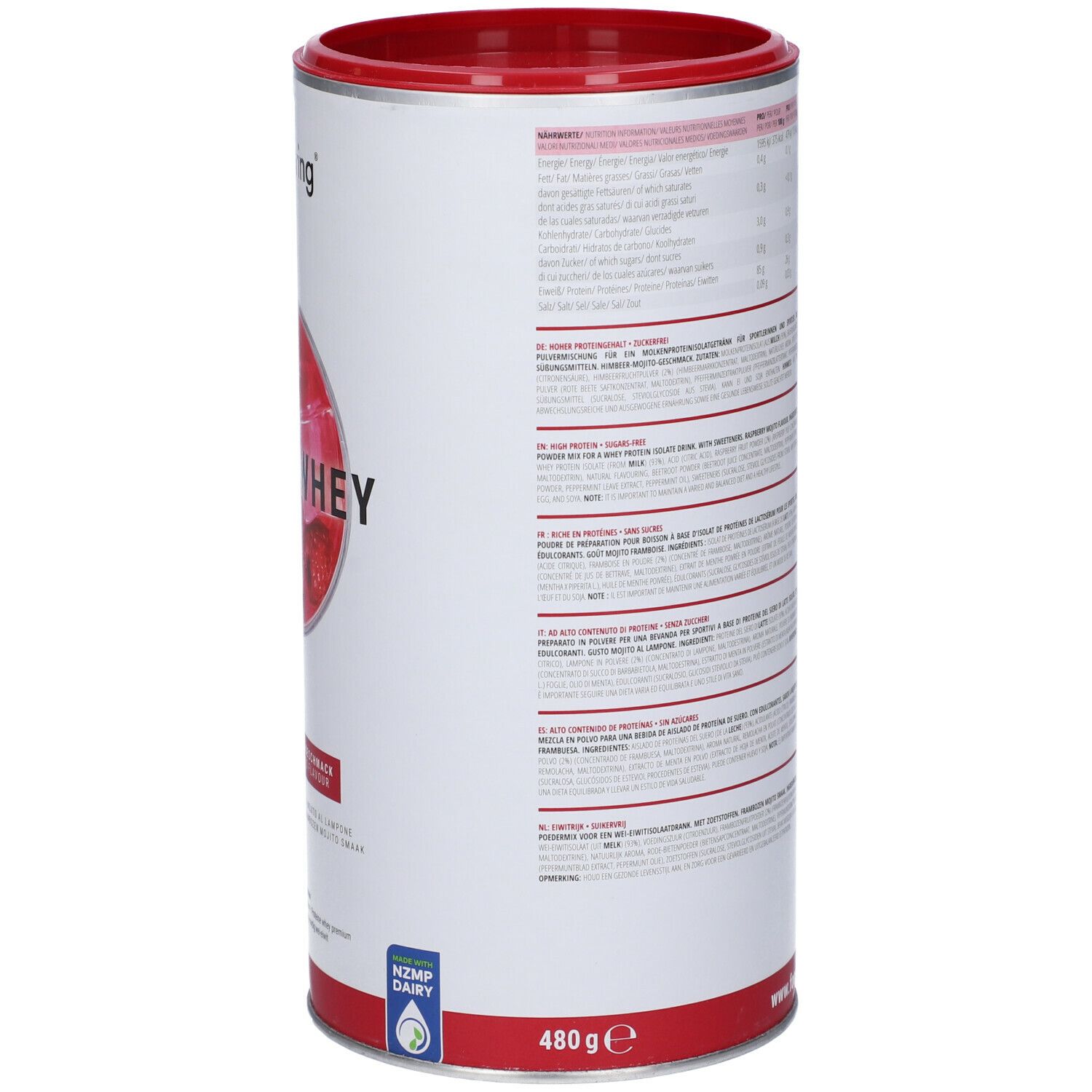 Barattolo bianco e rosso con informazioni nutrizionali e testo. Coperchio rosso. Logo "foodspring". 480g. Sigillo NZMP Dairy.