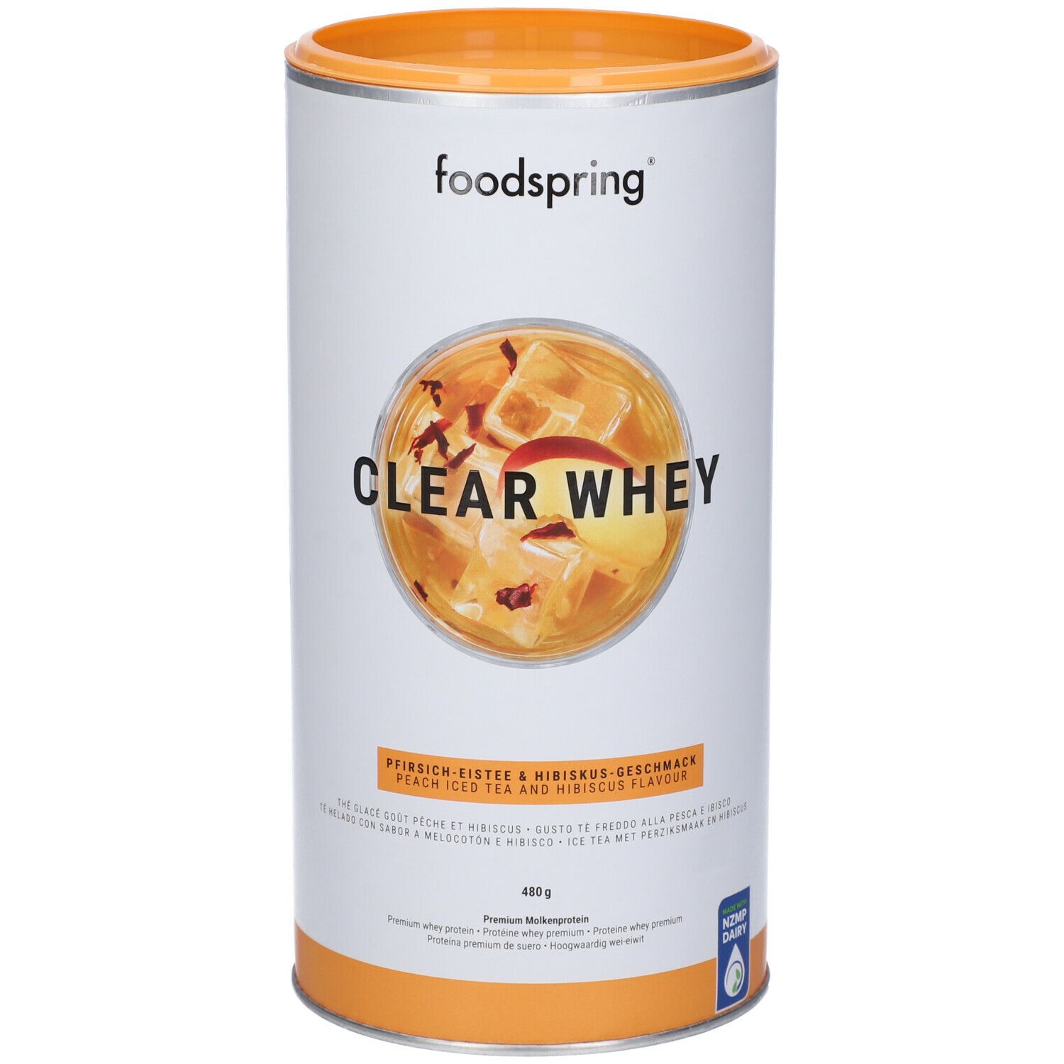 Barattolo cilindrico con coperchio. Scritta Foodspring, Clear Whey, gusto tè freddo alla pesca e ibisco. Illustrazione bevanda.