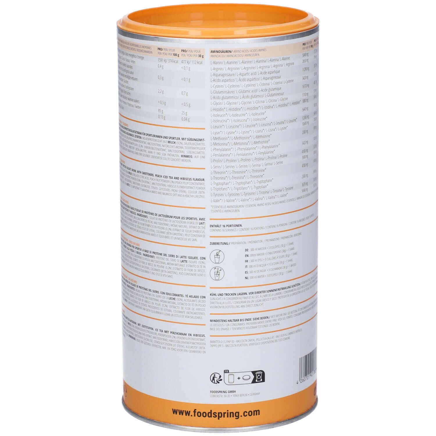 Barattolo cilindrico, lato con elenco ingredienti e testo. Coperchio e fondo arancioni. Logo Foodspring.