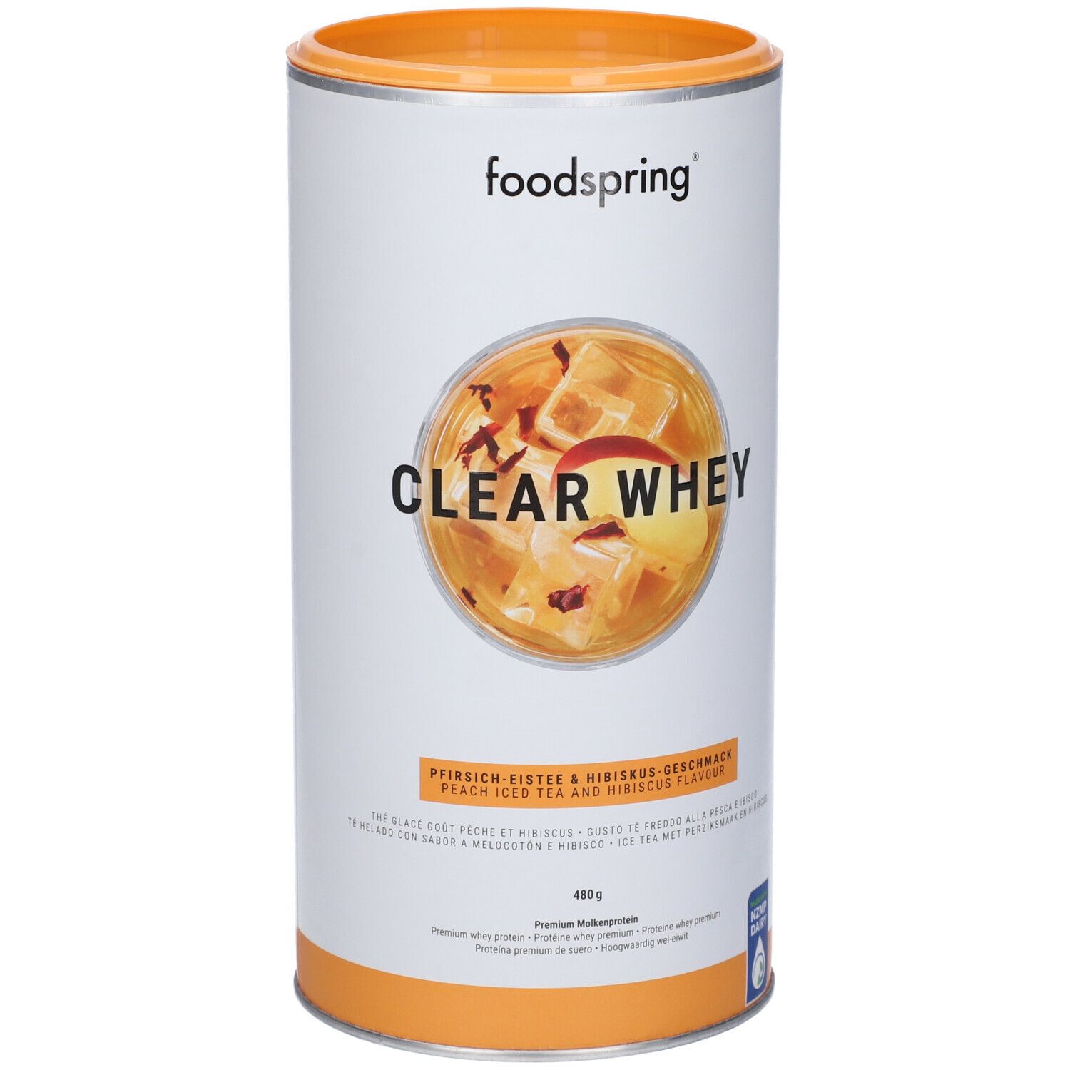 Barattolo cilindrico con coperchio. Scritta Foodspring, Clear Whey, gusto tè freddo alla pesca e ibisco. Illustrazione bevanda.