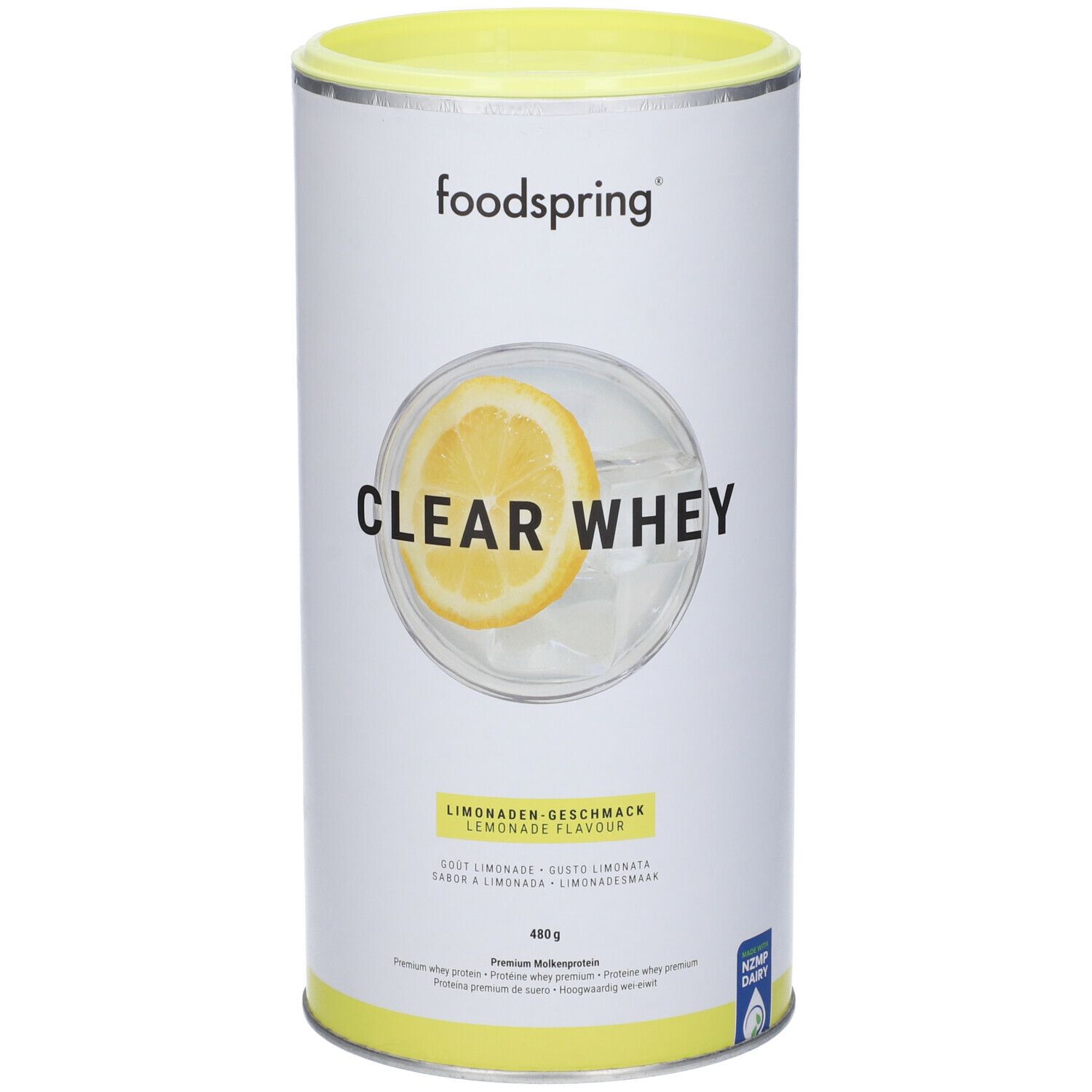 Barattolo cilindrico con coperchio giallo. Scritta: Foodspring, Clear Whey, gusto limonata. Immagine di limone.