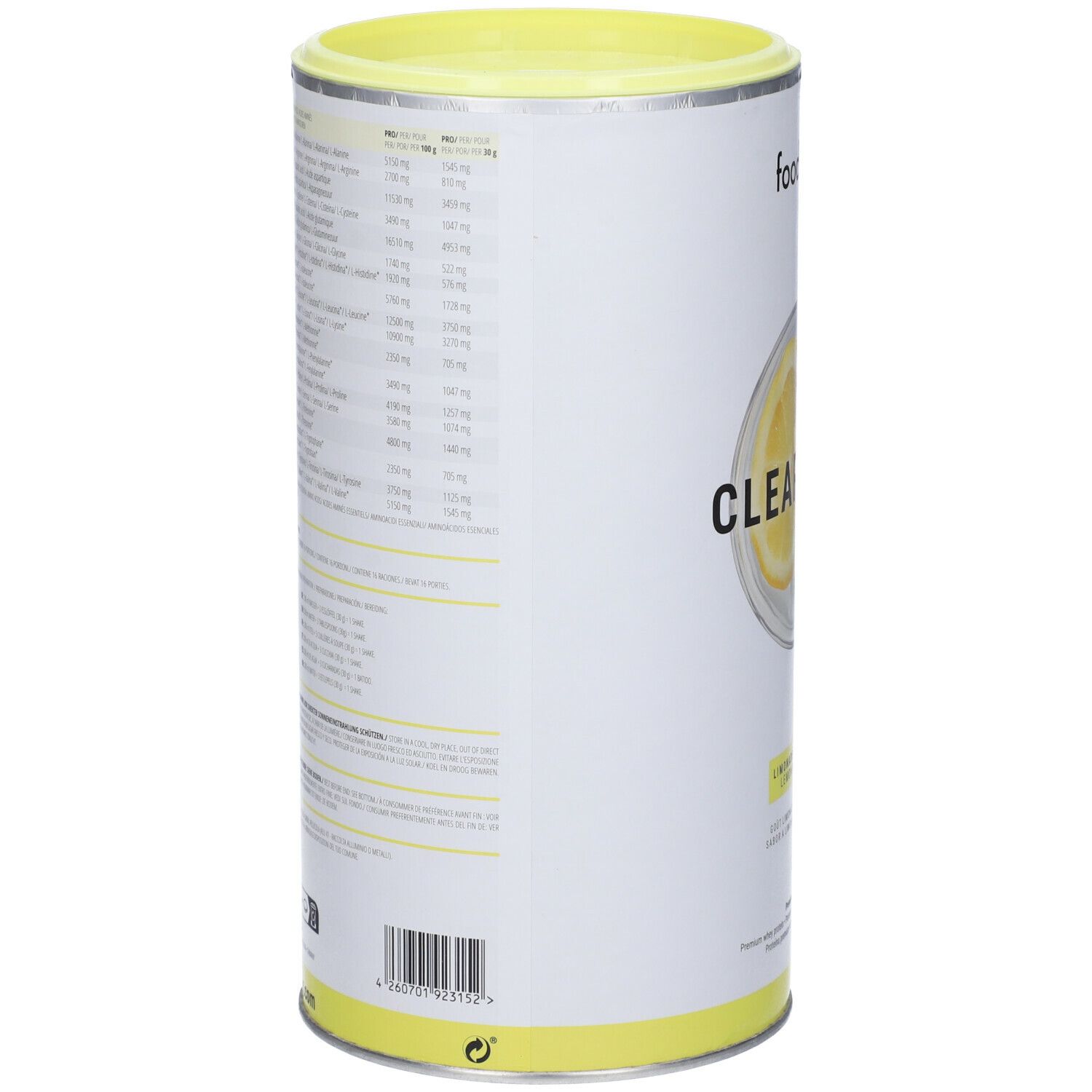 Barattolo cilindrico con coperchio giallo. Informazioni nutrizionali e ingredienti sul lato. Sfondo giallo e bianco.