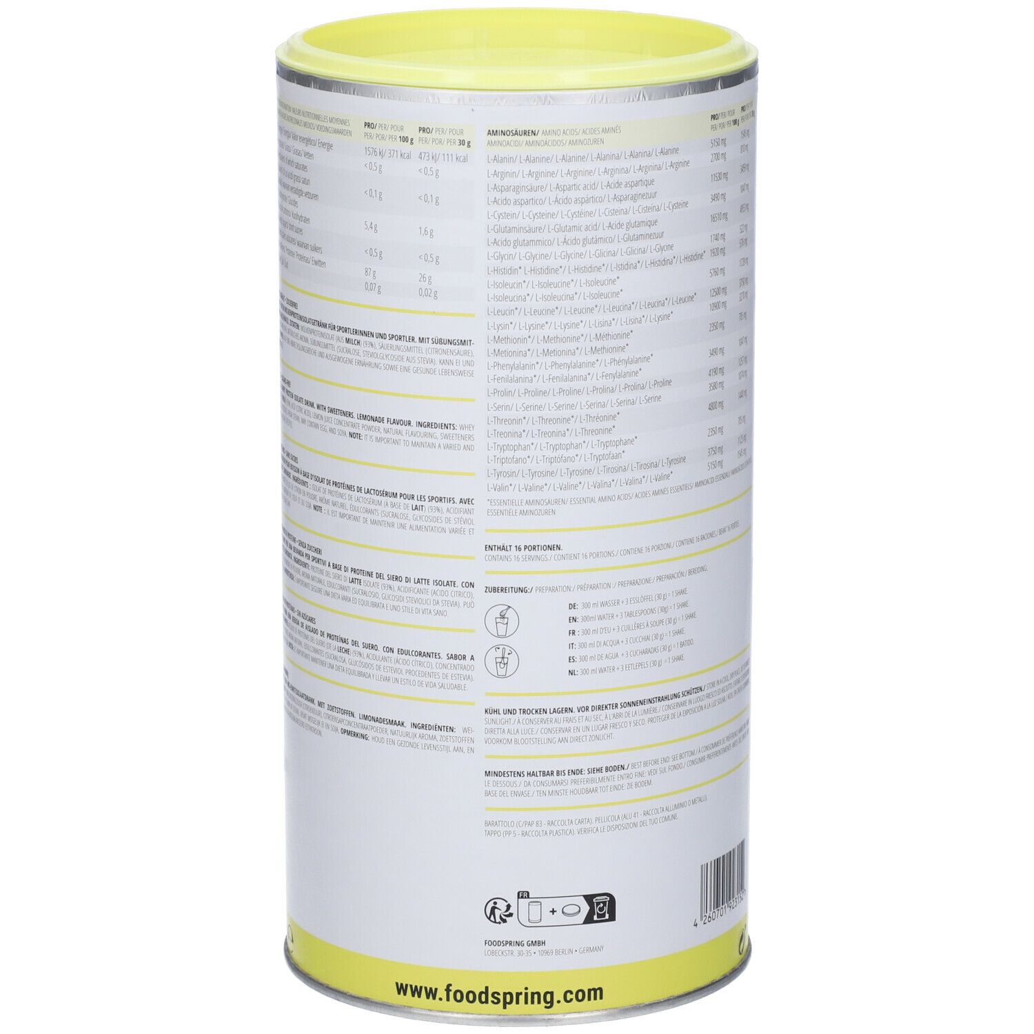 Barattolo cilindrico con coperchio giallo. Testo con informazioni nutrizionali e ingredienti. Sfondo giallo e bianco.