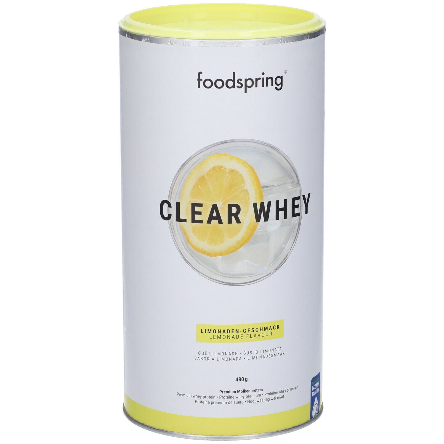 Barattolo cilindrico con coperchio giallo. Scritta: Foodspring, Clear Whey, gusto limonata. Immagine di limone.