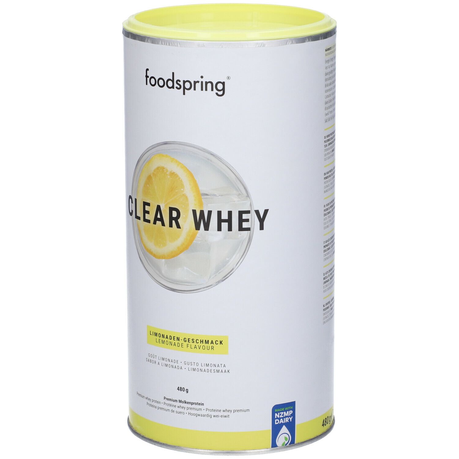 Barattolo cilindrico con coperchio giallo. Scritta: Foodspring, Clear Whey, gusto limonata. Immagine di limone.