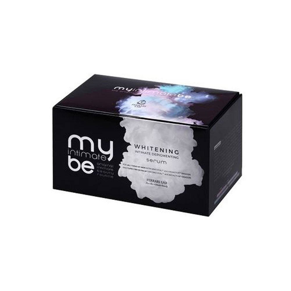 Scatola nera con logo "my intimate be" e testo "Whitening Serum". Confezione prodotto su sfondo bianco.