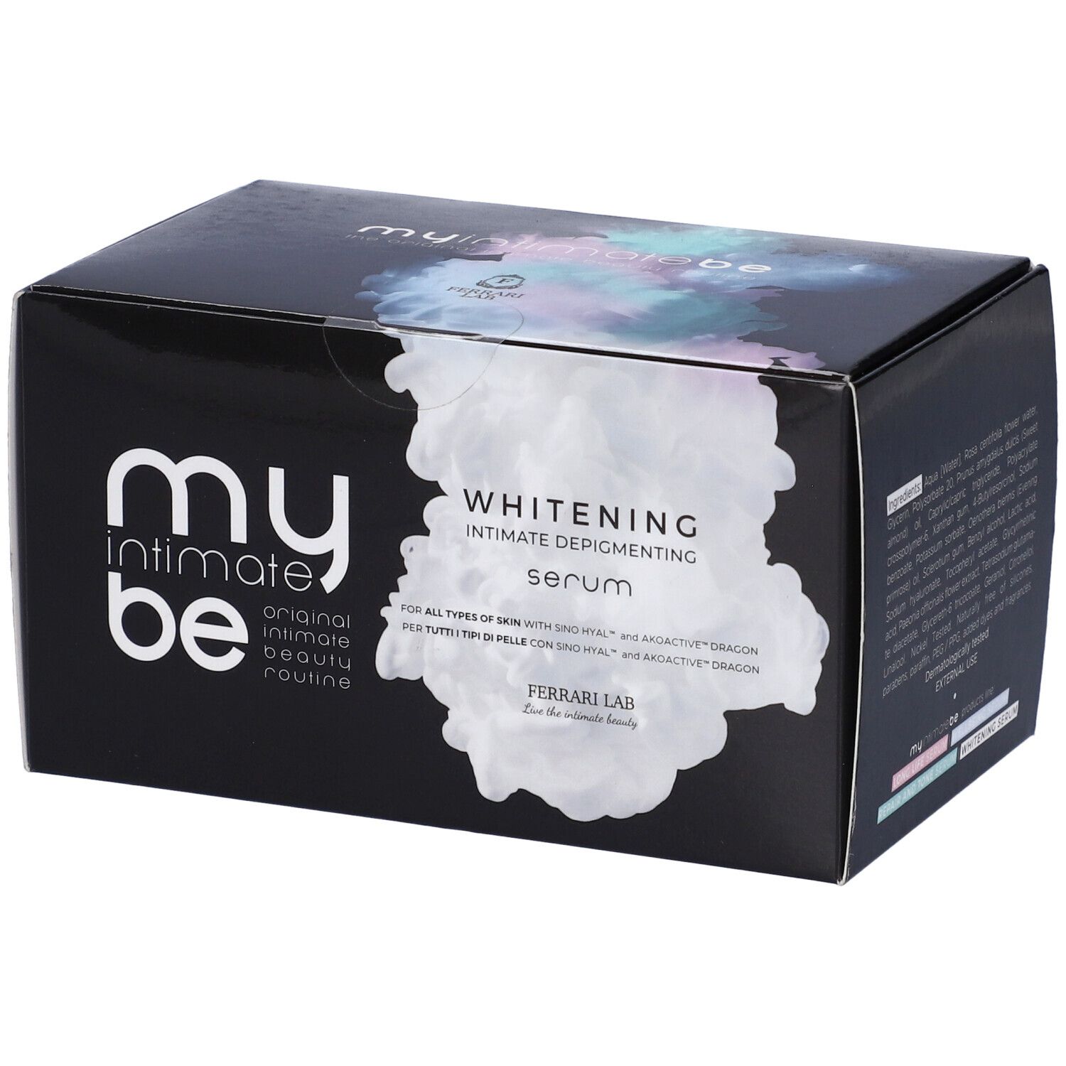 Scatola nera con logo "my intimate be" e testo "Whitening Serum". Contiene testo per tutti i tipi di pelle.