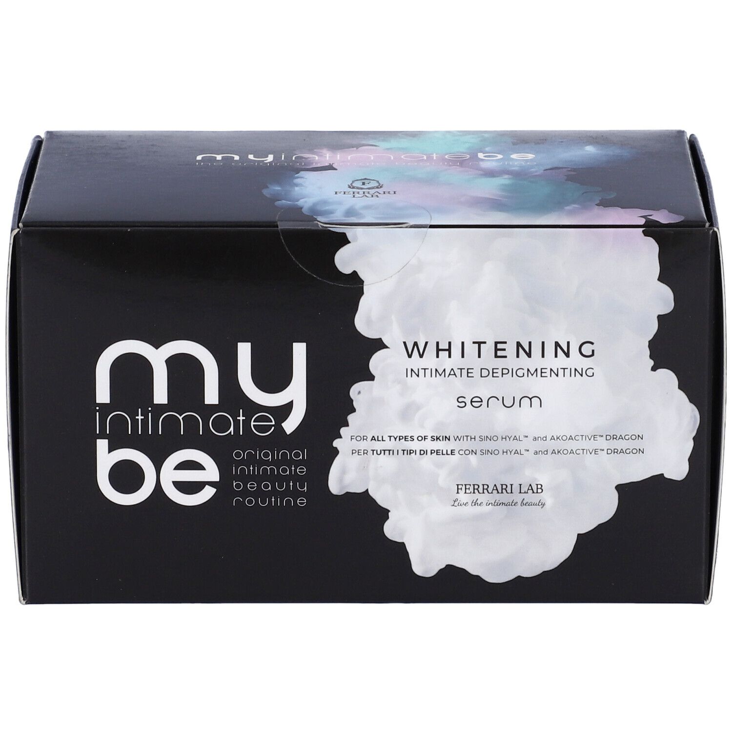 Scatola nera con logo "my intimate be" e testo "Whitening Serum". Confezione prodotto su sfondo bianco.