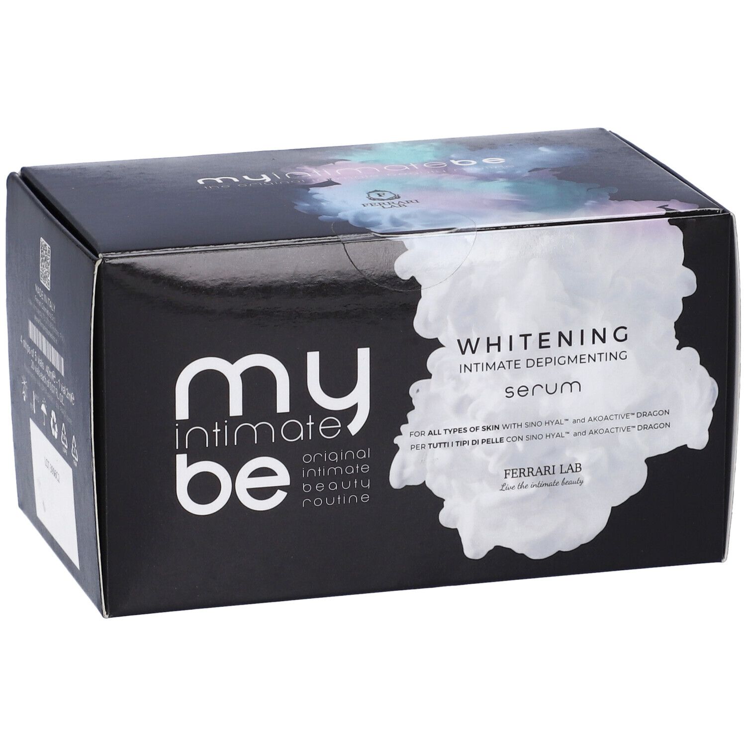 Scatola nera con logo "my intimate be" e testo "Whitening Serum". Confezione prodotto su sfondo bianco.